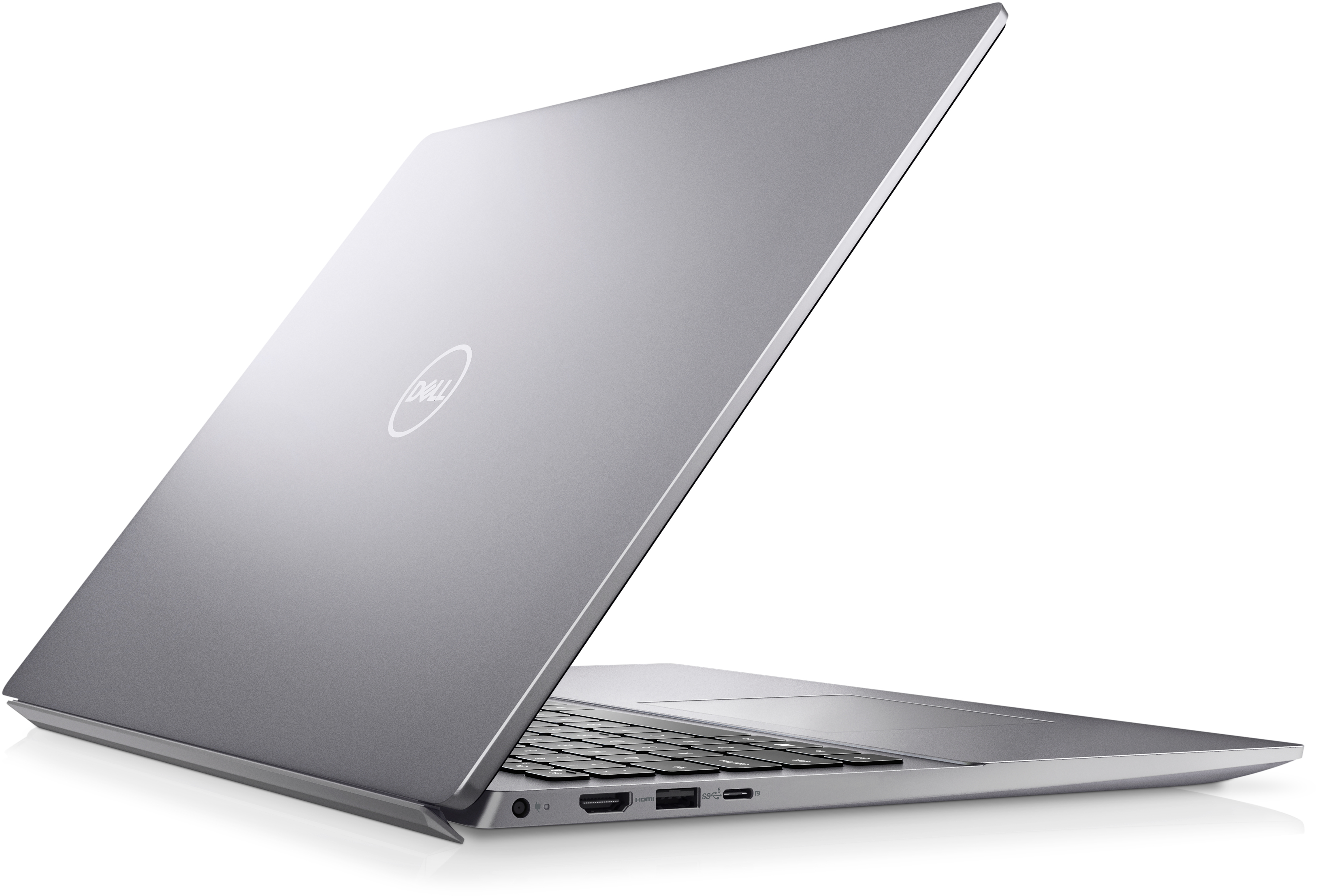 Laptop argentato con logo Dell sul retro, angolato su sfondo bianco.