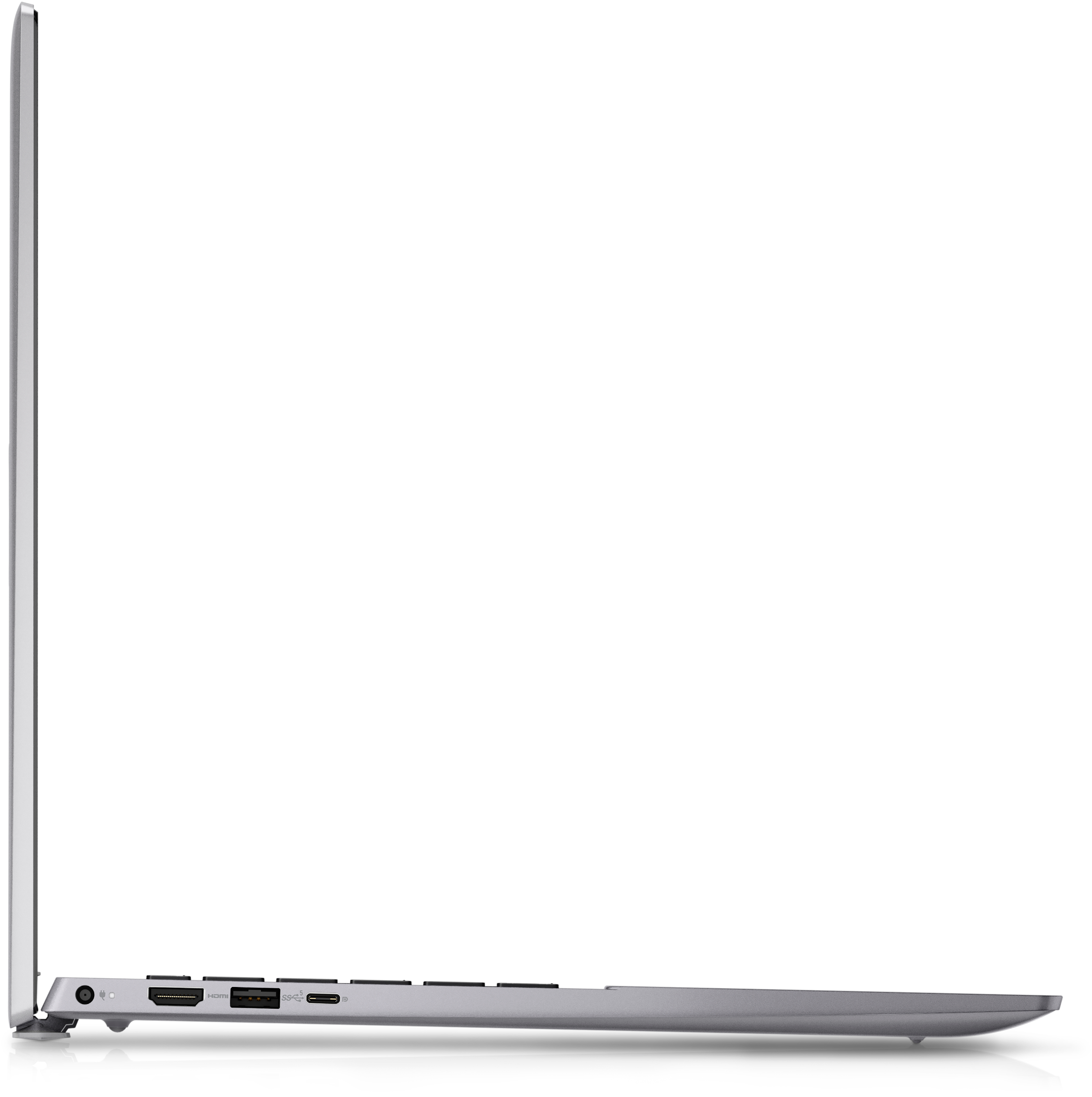 Vista laterale di un laptop argentato. Le porte sono visibili sul lato, tra cui HDMI e USB-C. Sfondo bianco.