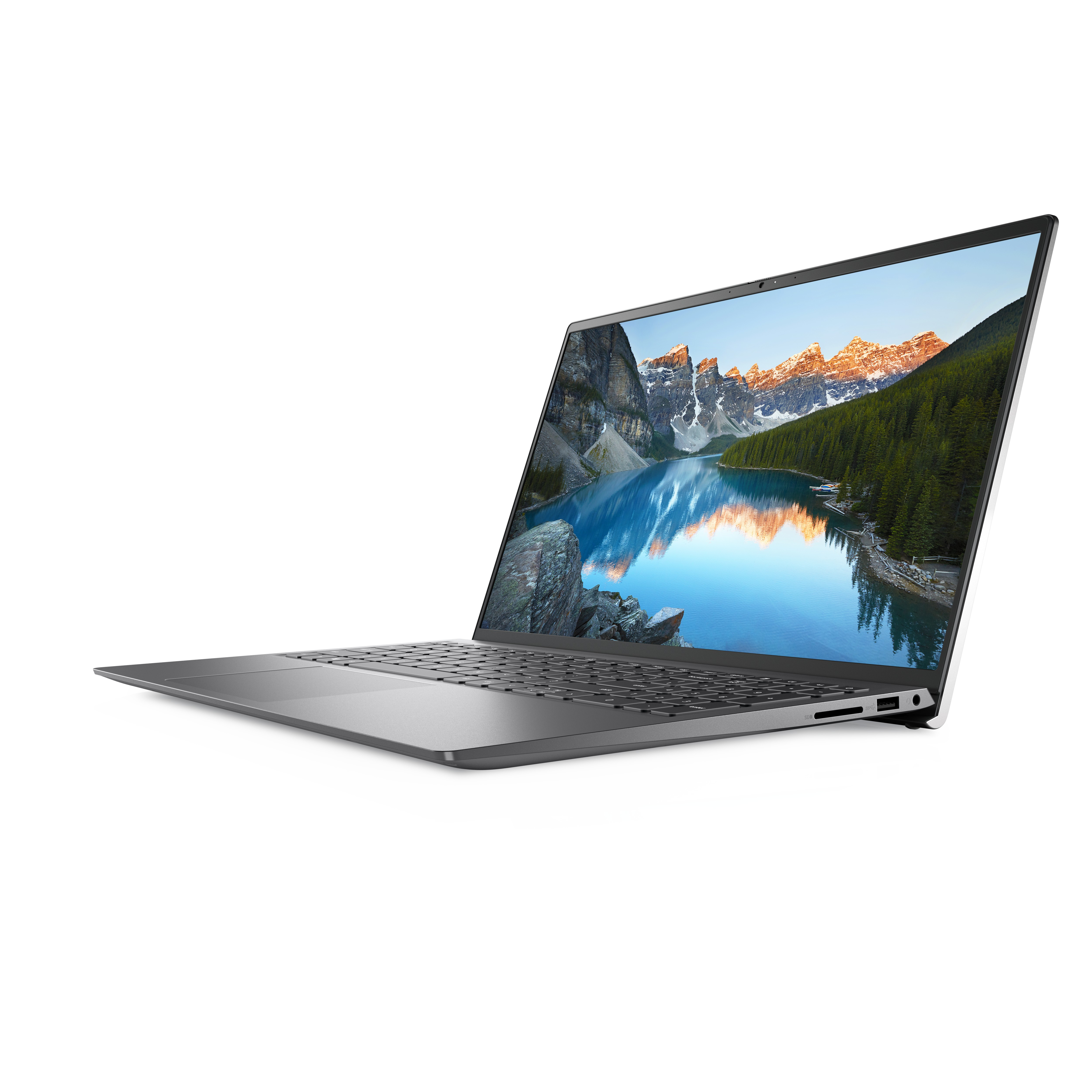 Laptop con schermo che mostra un paesaggio montano, parzialmente aperto, su sfondo bianco.