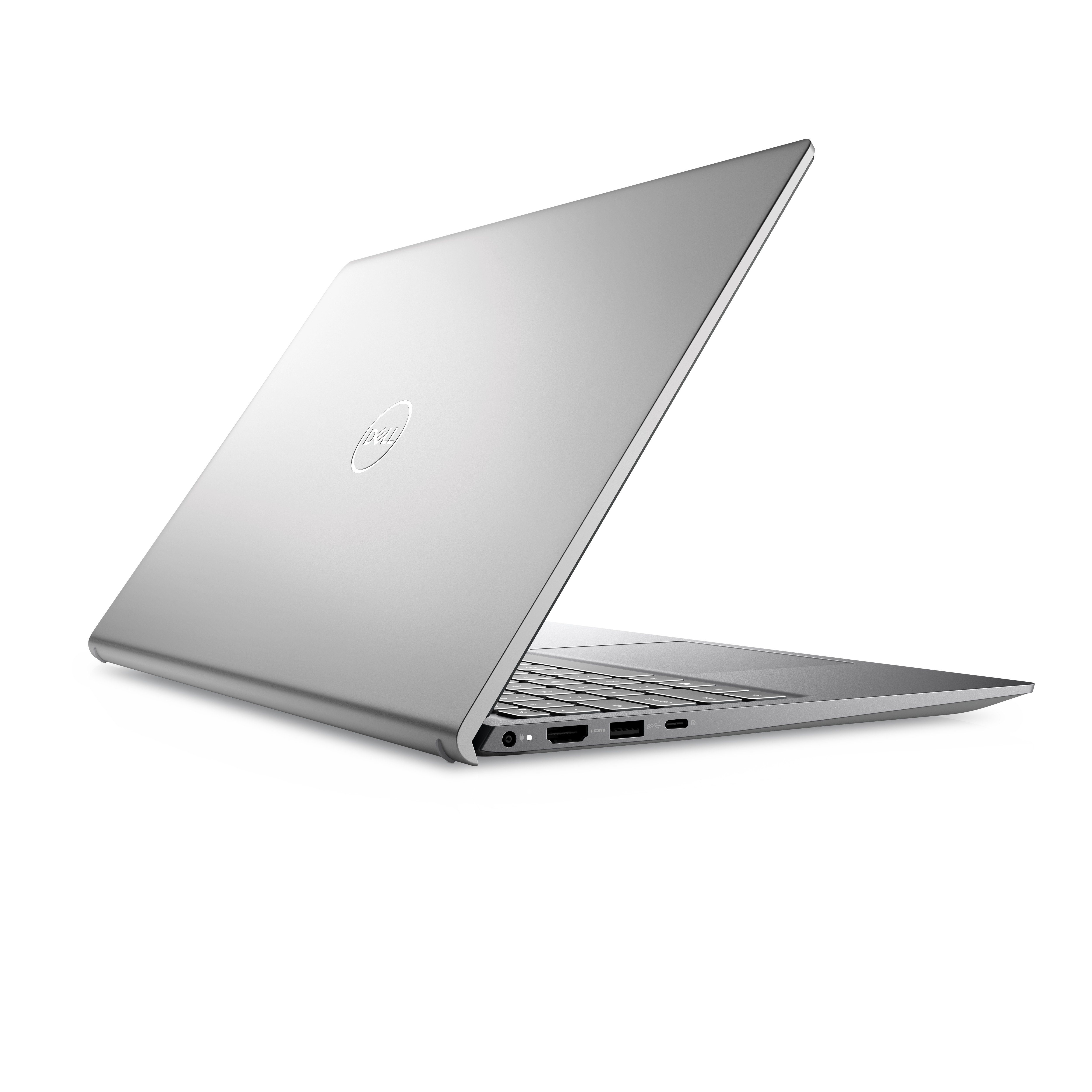 Laptop argentato con schermo aperto. Sfondo bianco.