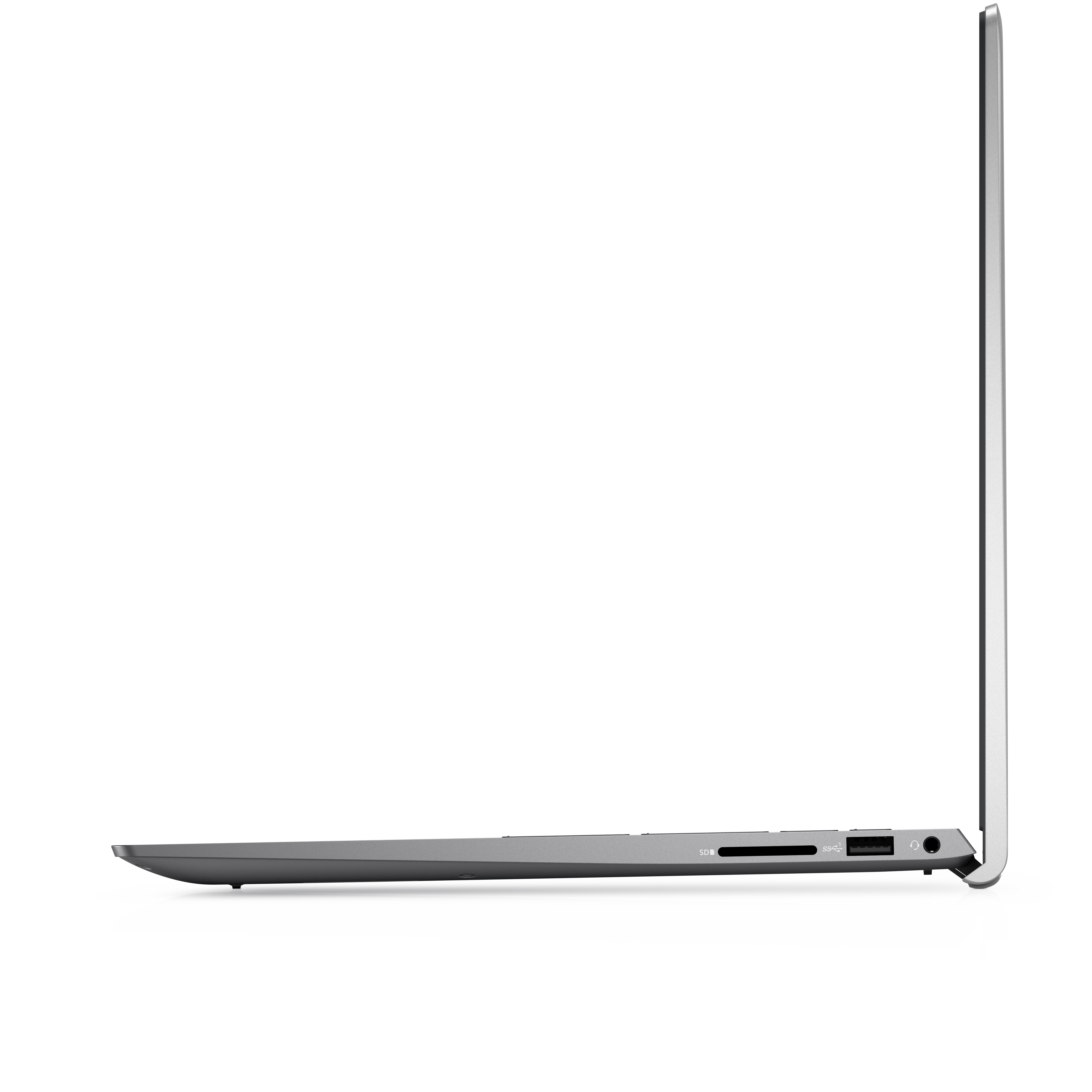 Vista laterale di un laptop grigio. Lo schermo è chiuso e il lato mostra porte e un design elegante.