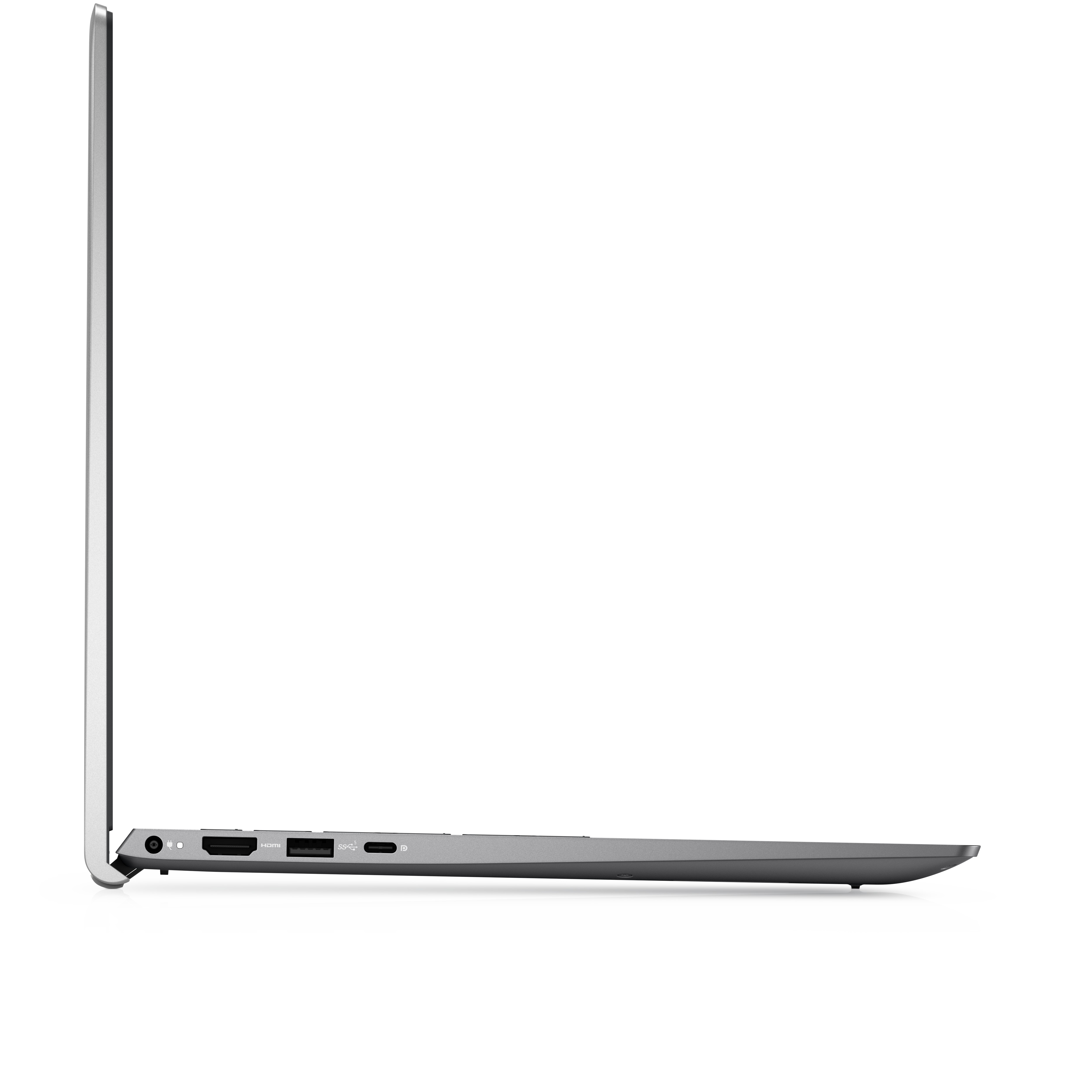 Vista laterale di un laptop argentato, con porte e design elegante su sfondo bianco.