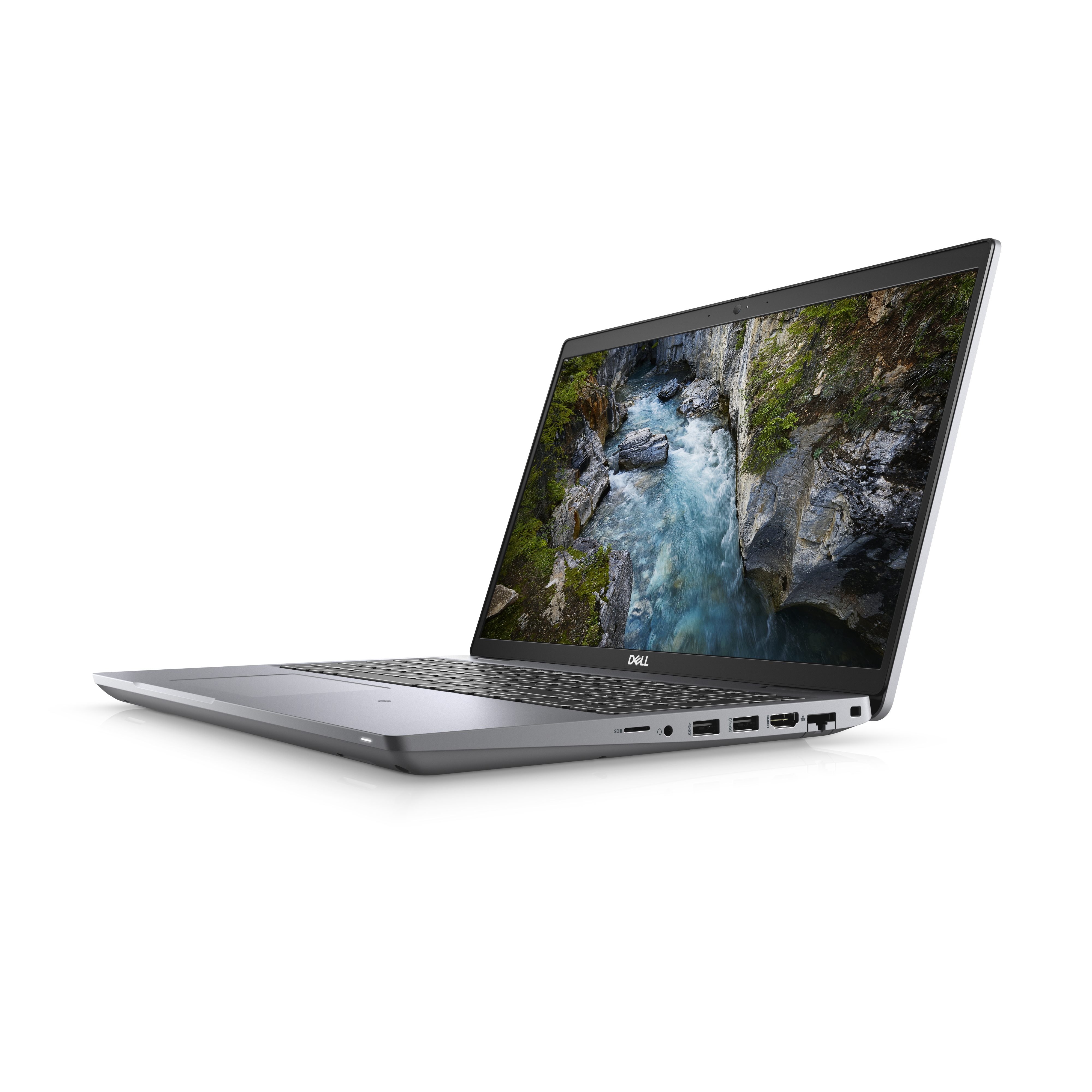 Ein silberner Dell-Laptop auf weißem Hintergrund. Der Bildschirm zeigt eine Naturszene.