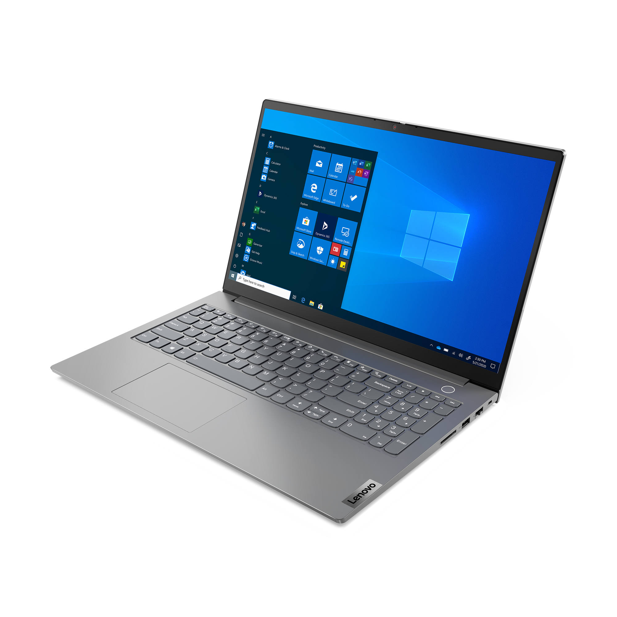 Laptop Lenovo, aperto, mostra l'interfaccia Windows, su sfondo bianco.
