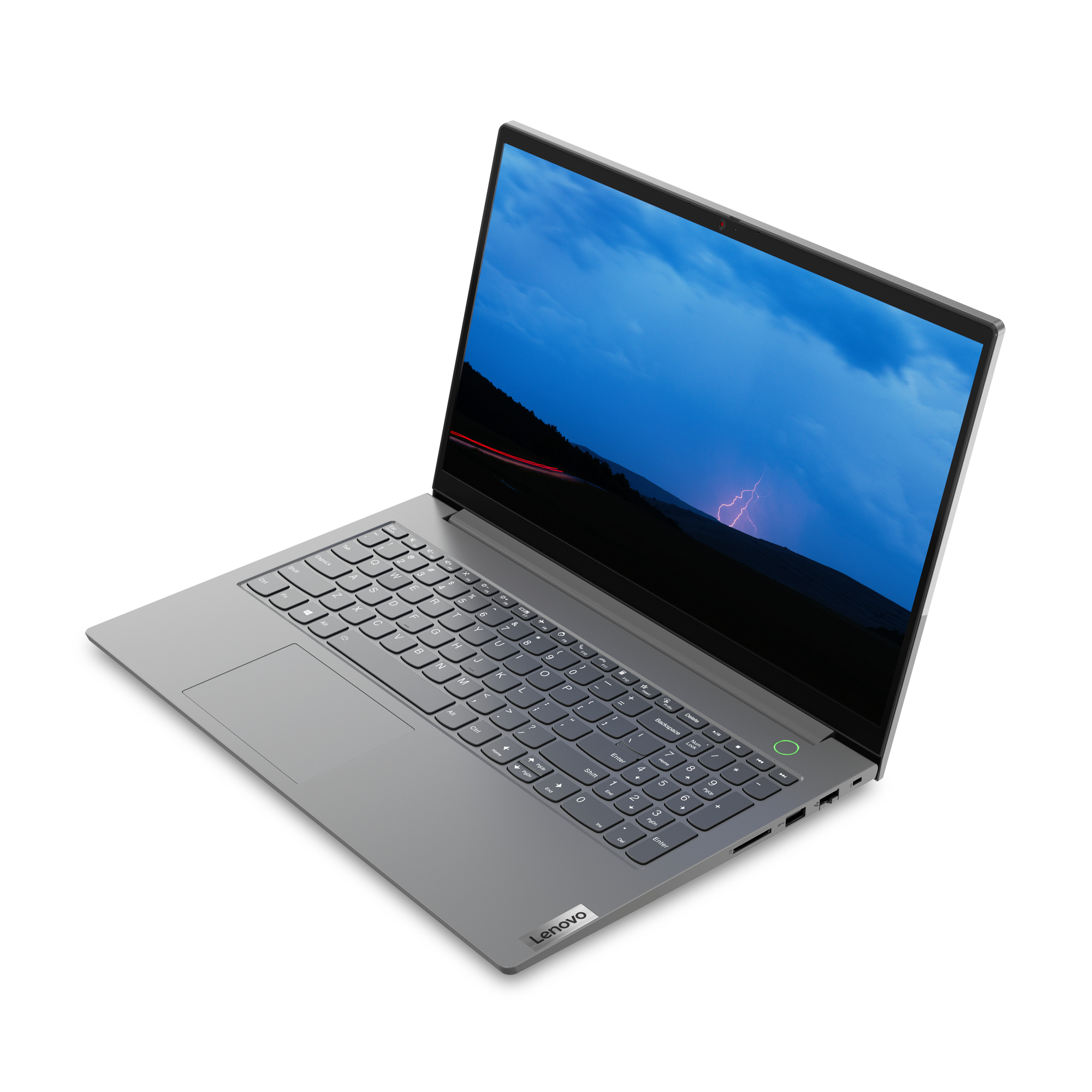 Laptop Lenovo grigio su bianco. Schermo mostra cielo tempestoso. Tastiera visibile. Logo Lenovo in basso.