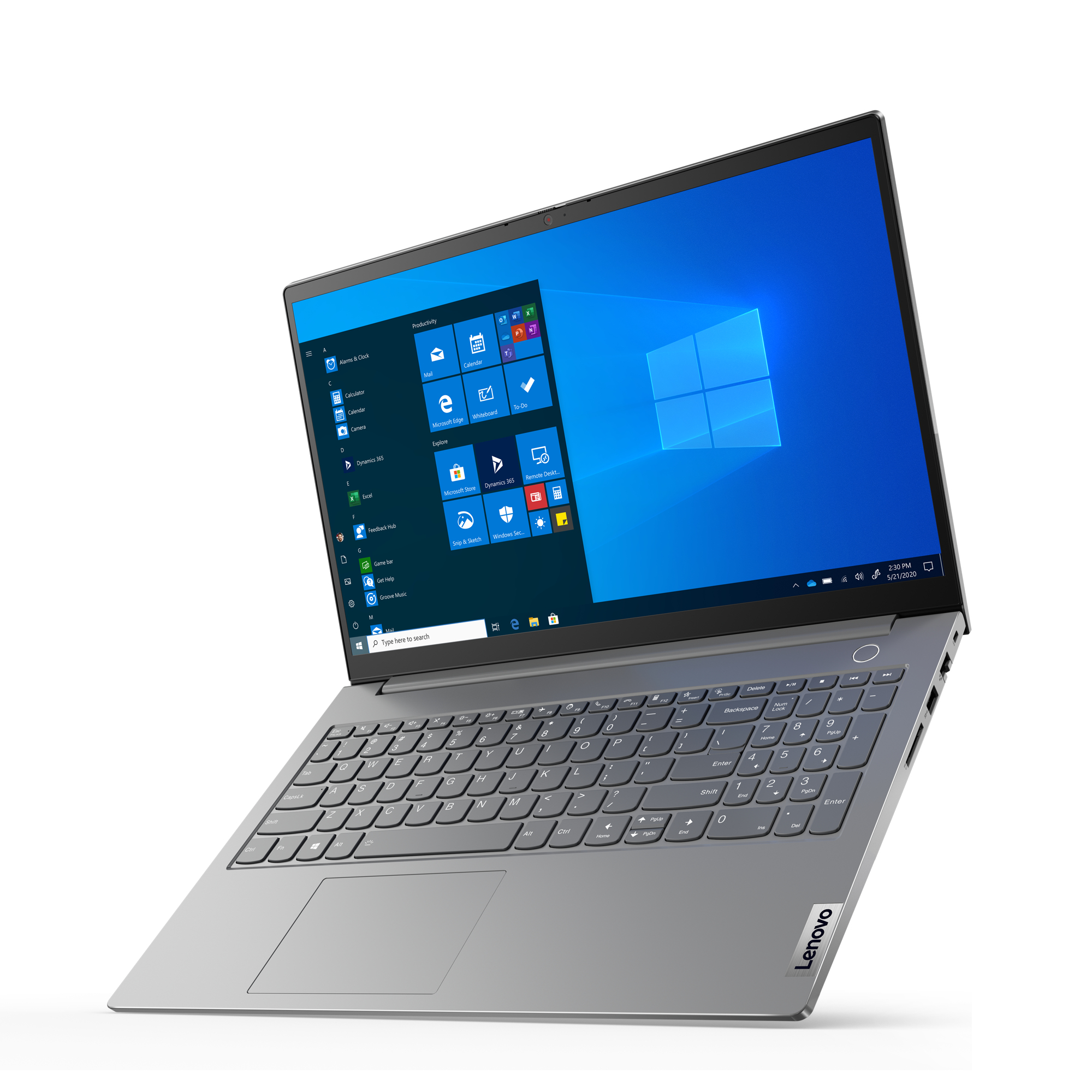 Un laptop Lenovo grigio mostra lo schermo del desktop di Windows. Sono visibili una tastiera e un touchpad.