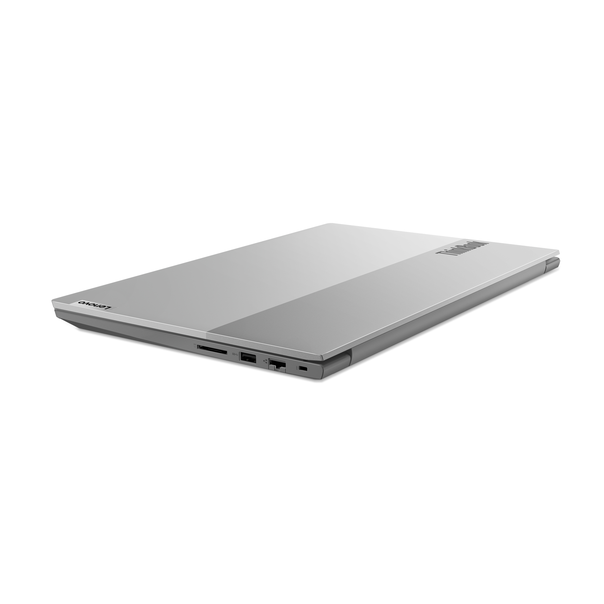 Laptop argento chiuso, vista laterale. Logo Lenovo, porte visibili. Superficie riflettente.