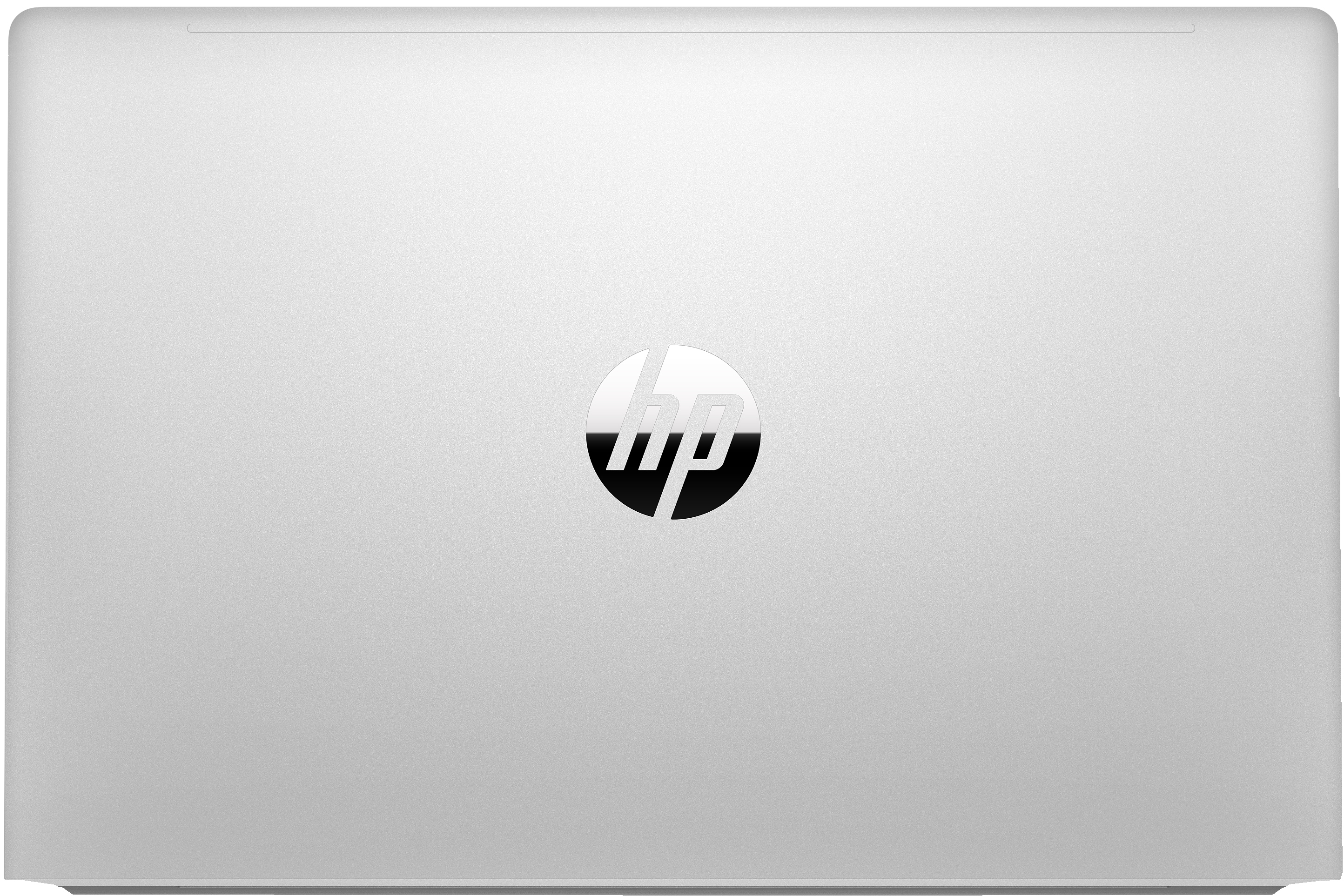 Srebrny laptop HP, widok z tyłu. Logo HP pośrodku. Białe tło.