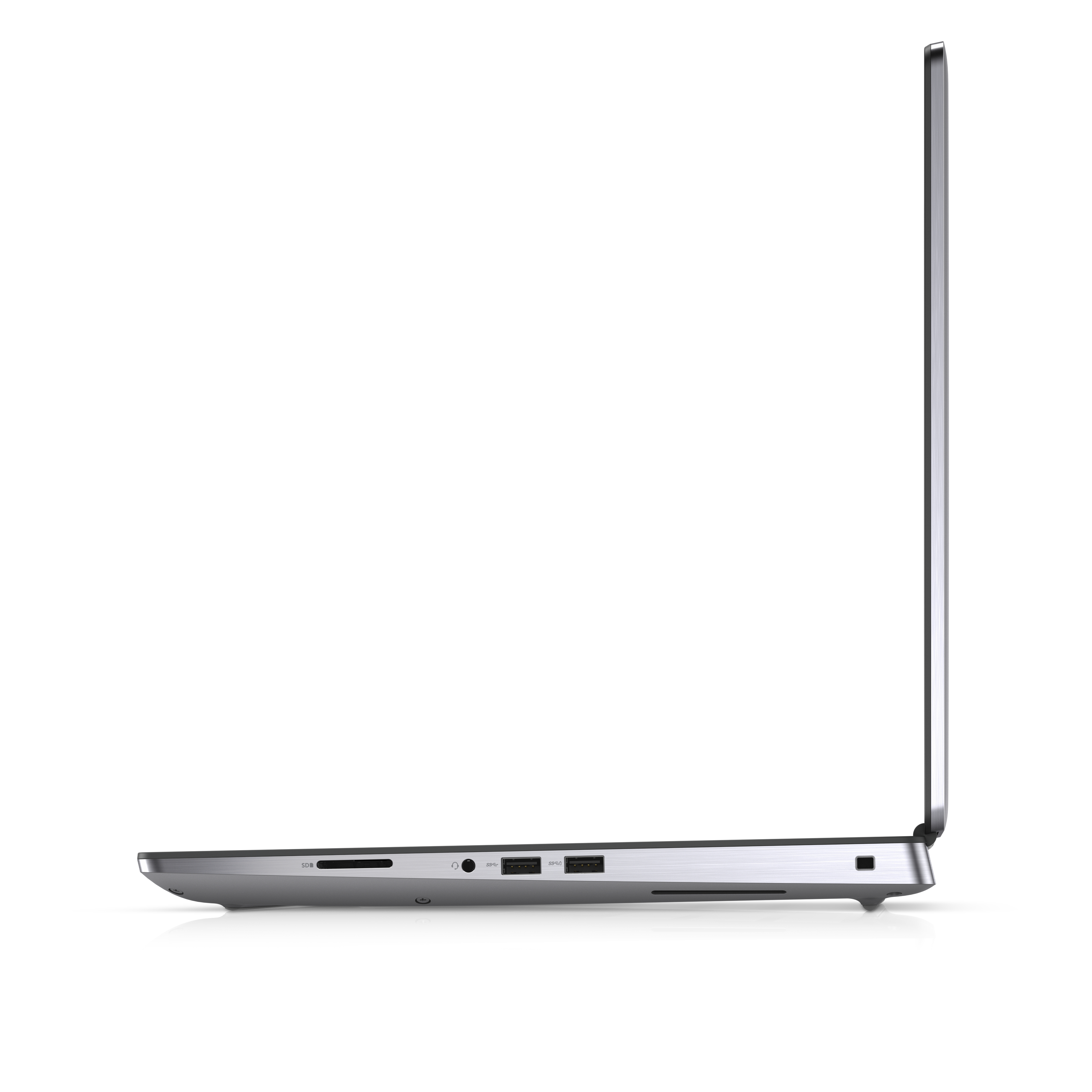 Vista laterale di un laptop argentato. Il laptop è su sfondo bianco.