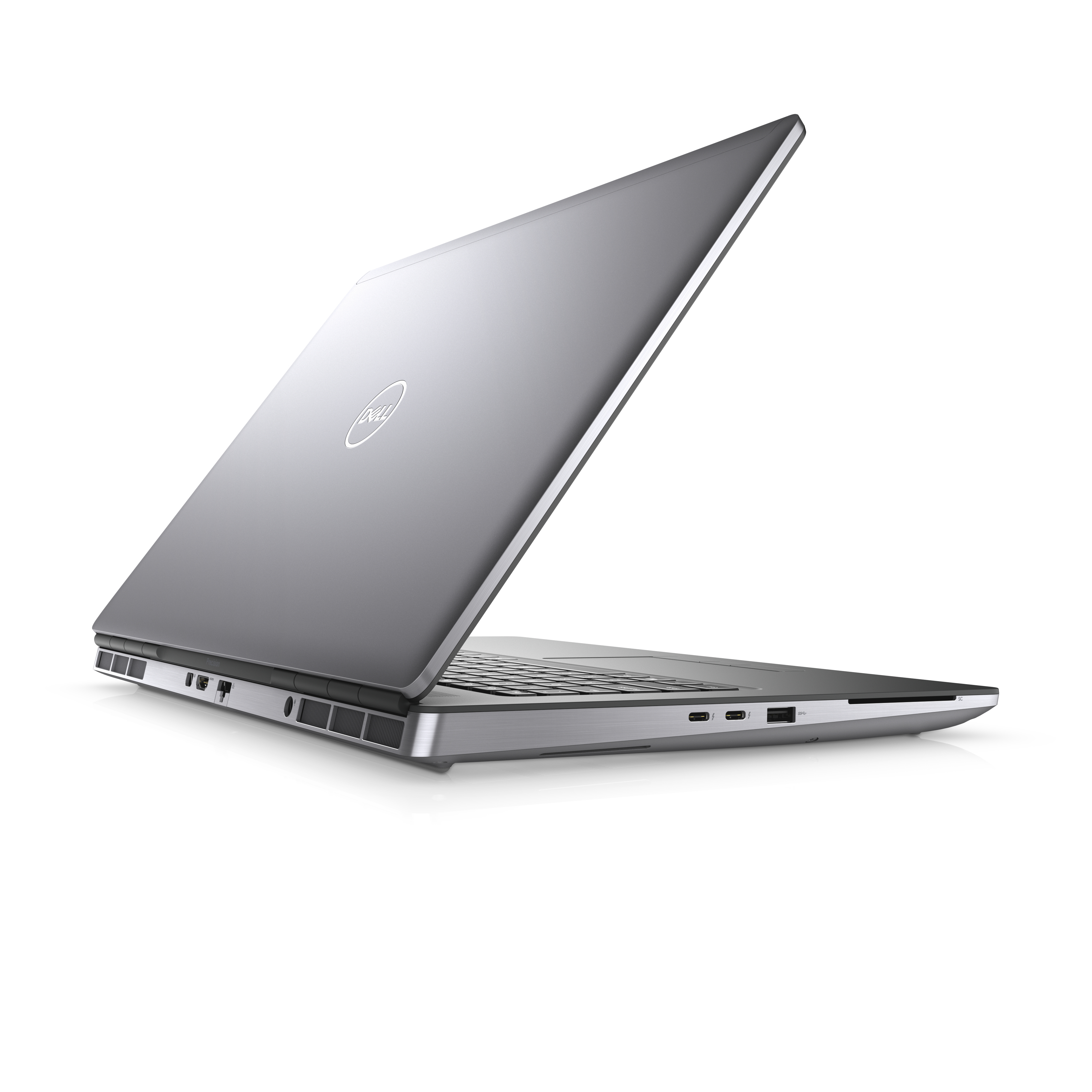 Un laptop angolato, che mostra il logo Dell. Il retro è grigio, aperto, con porte visibili.