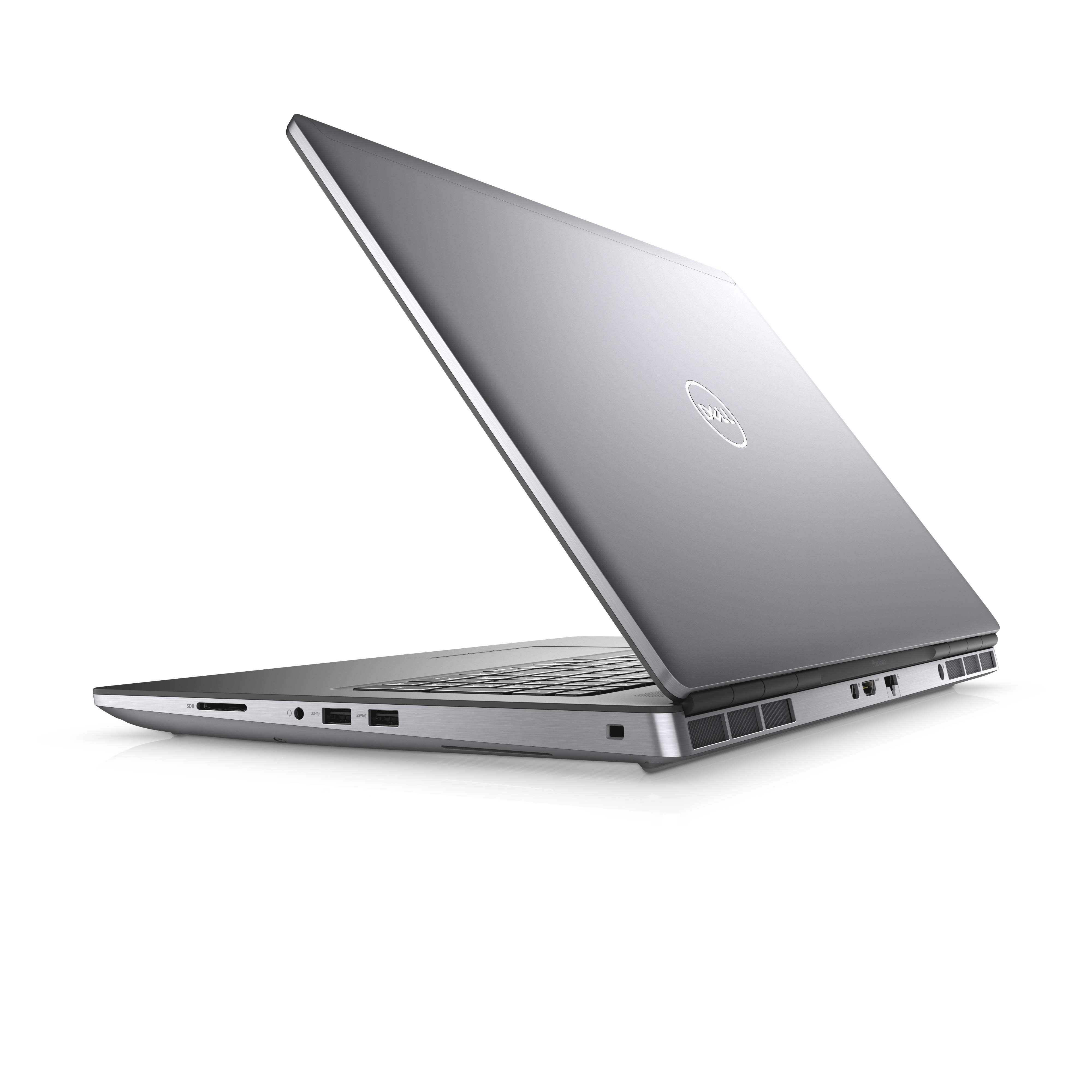 Laptop argentato, parzialmente aperto, vista angolata. Logo Dell visibile.