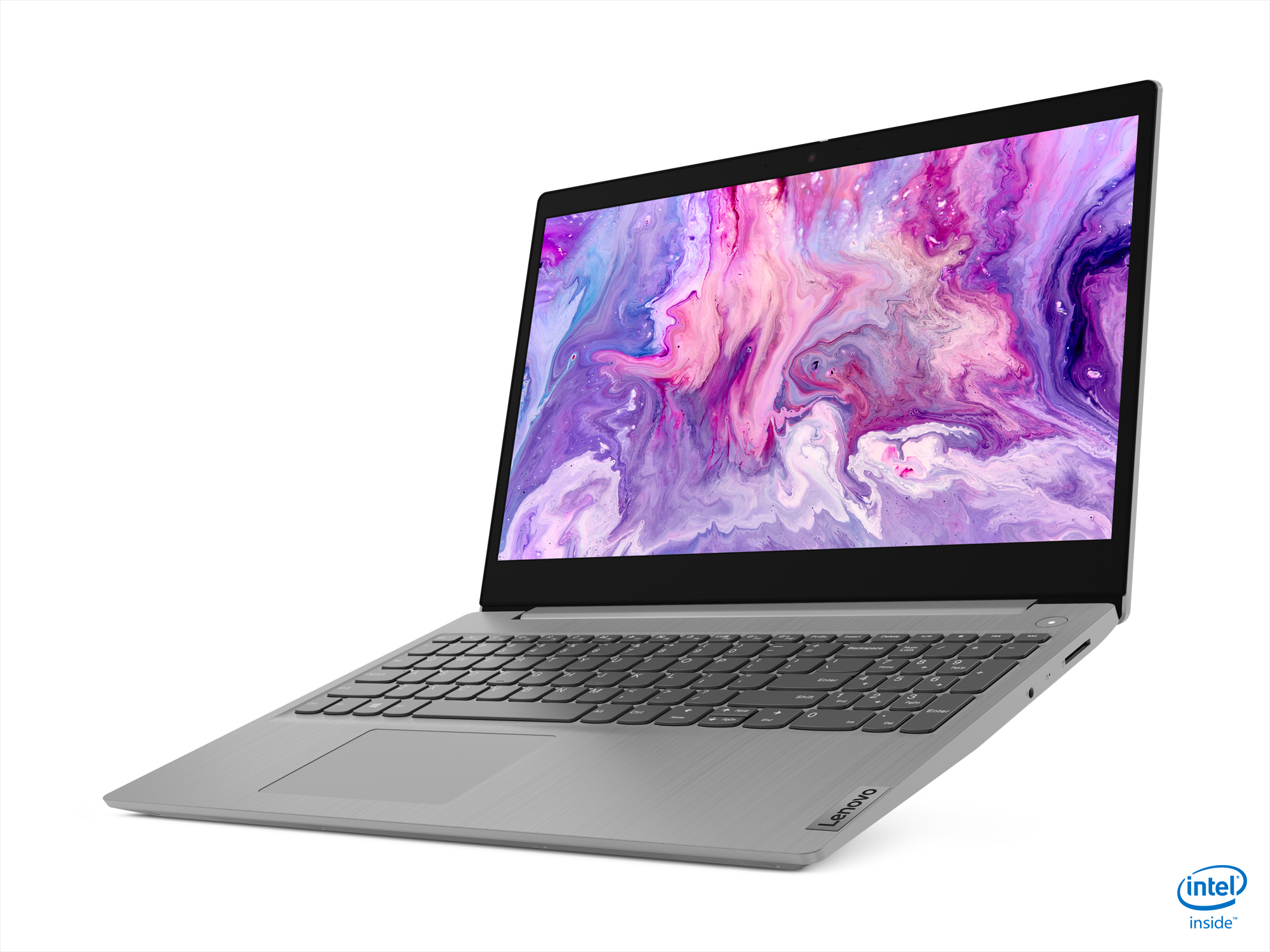 Laptop Lenovo argento con schermo colorato, tastiera e touchpad. Logo Lenovo visibile.
