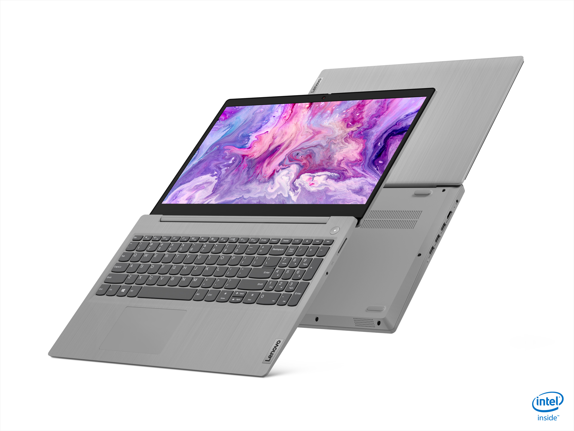 Due laptop grigi, uno aperto mostra lo schermo. Sfondo bianco.