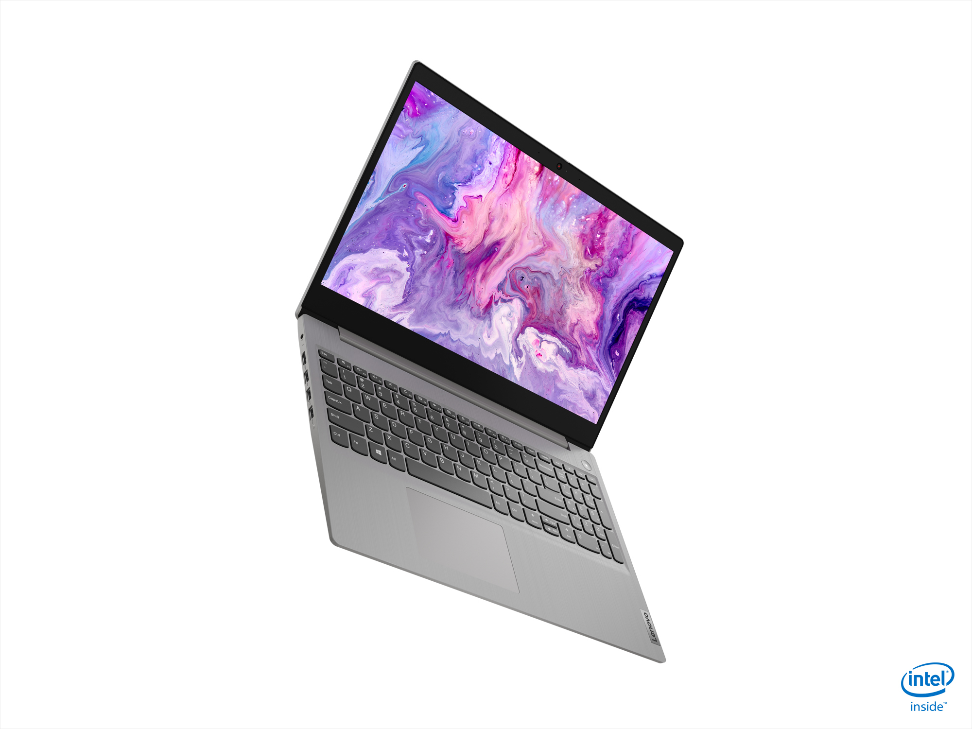 Laptop Lenovo grigio, aperto, mostra un'immagine astratta. Sfondo bianco e logo Intel Inside.