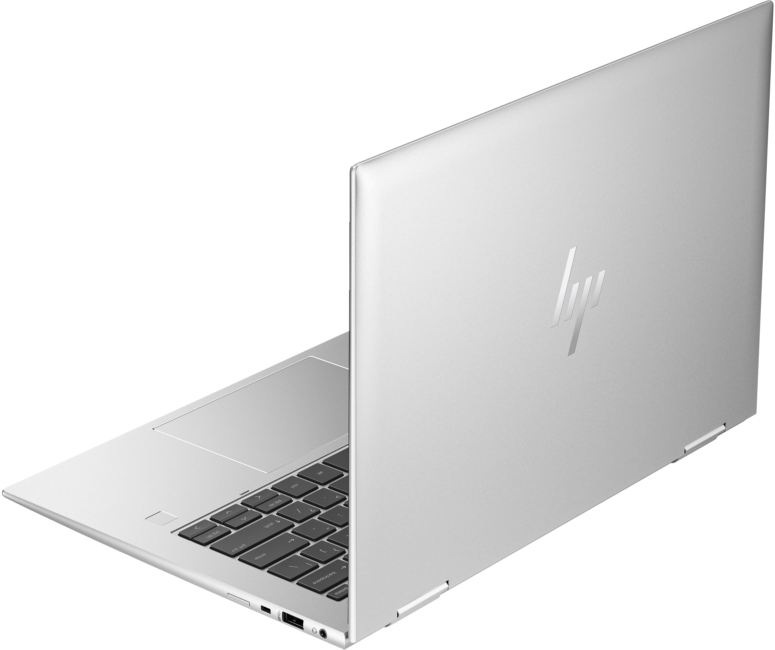 Laptop argentato, vista posteriore, parzialmente aperto. Logo HP visibile.