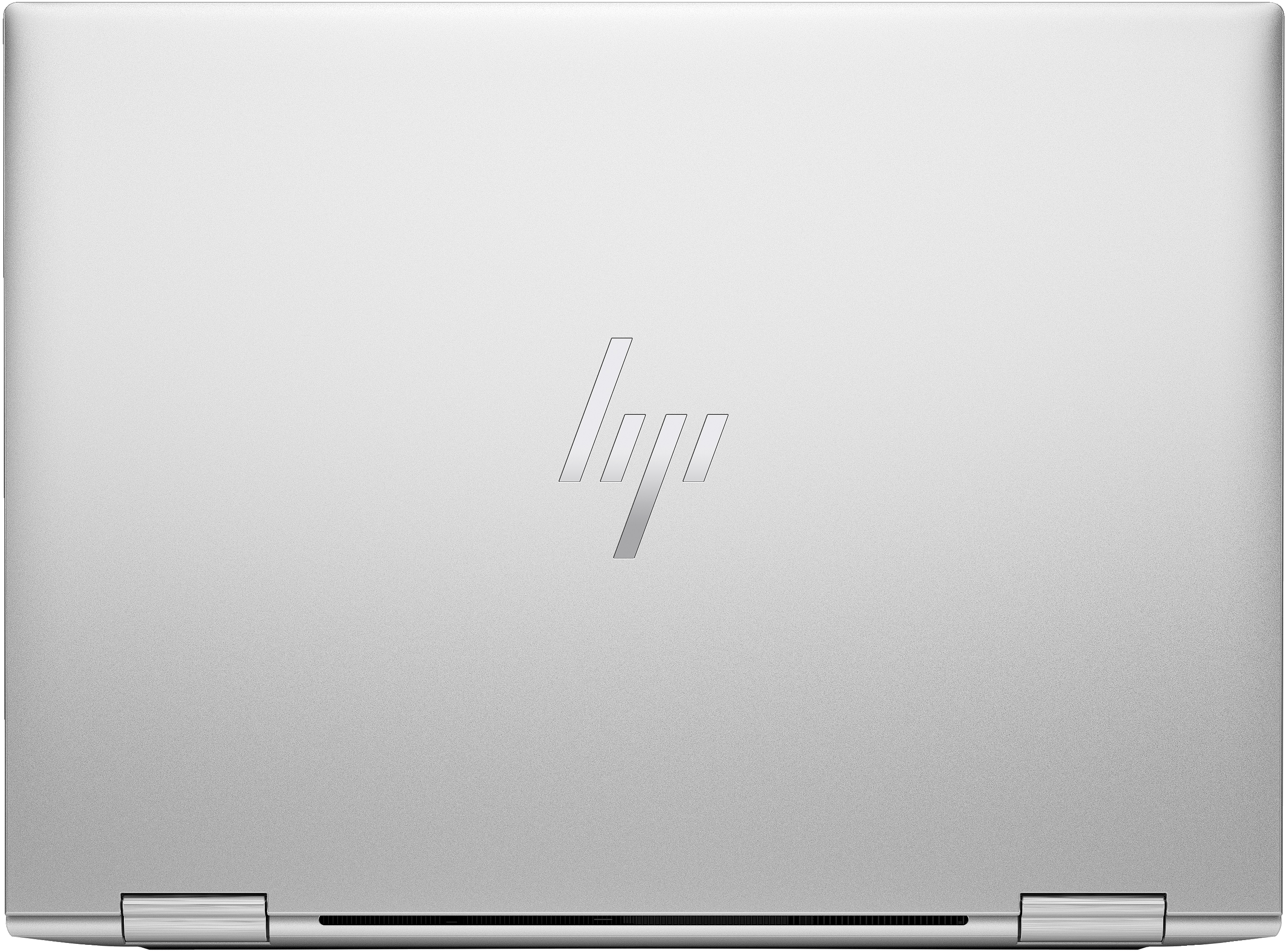 Laptop argentato chiuso, logo HP al centro.