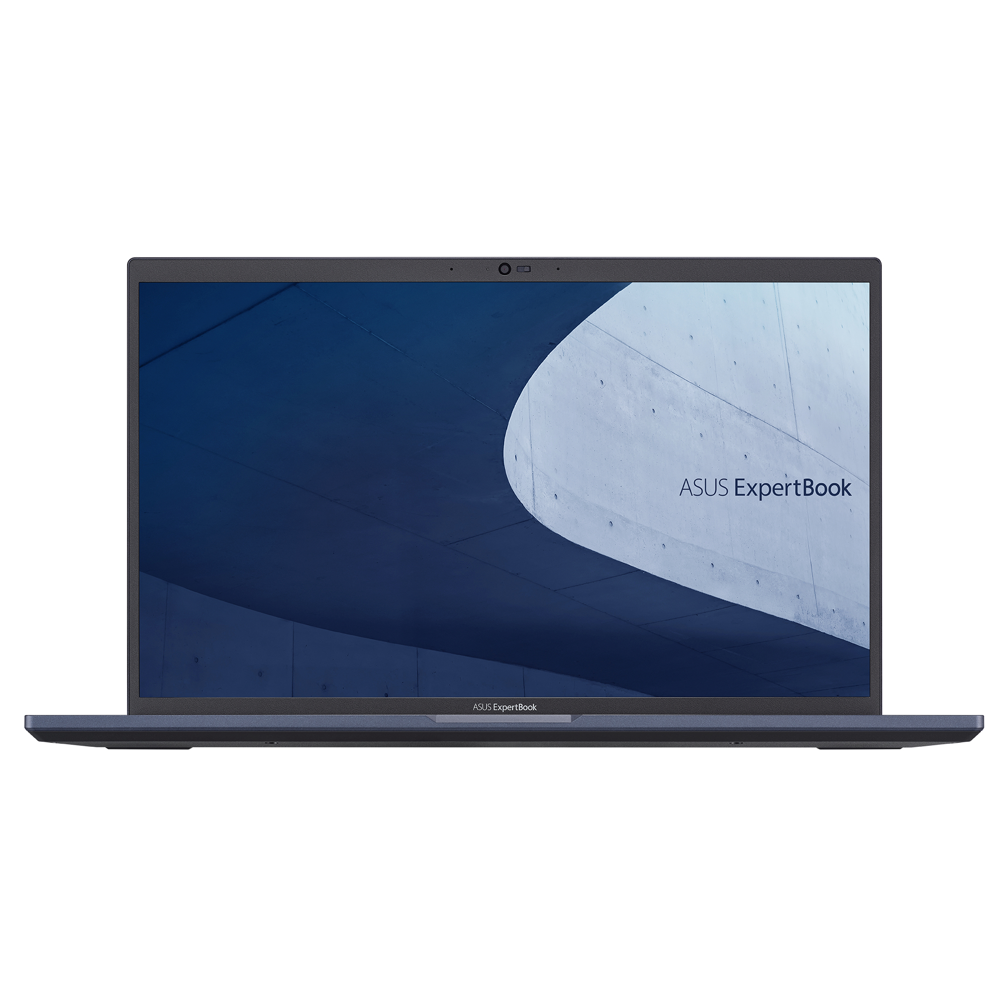 Laptop con involucro blu scuro, aperto, che mostra uno schermo su sfondo bianco, con il logo visibile.
