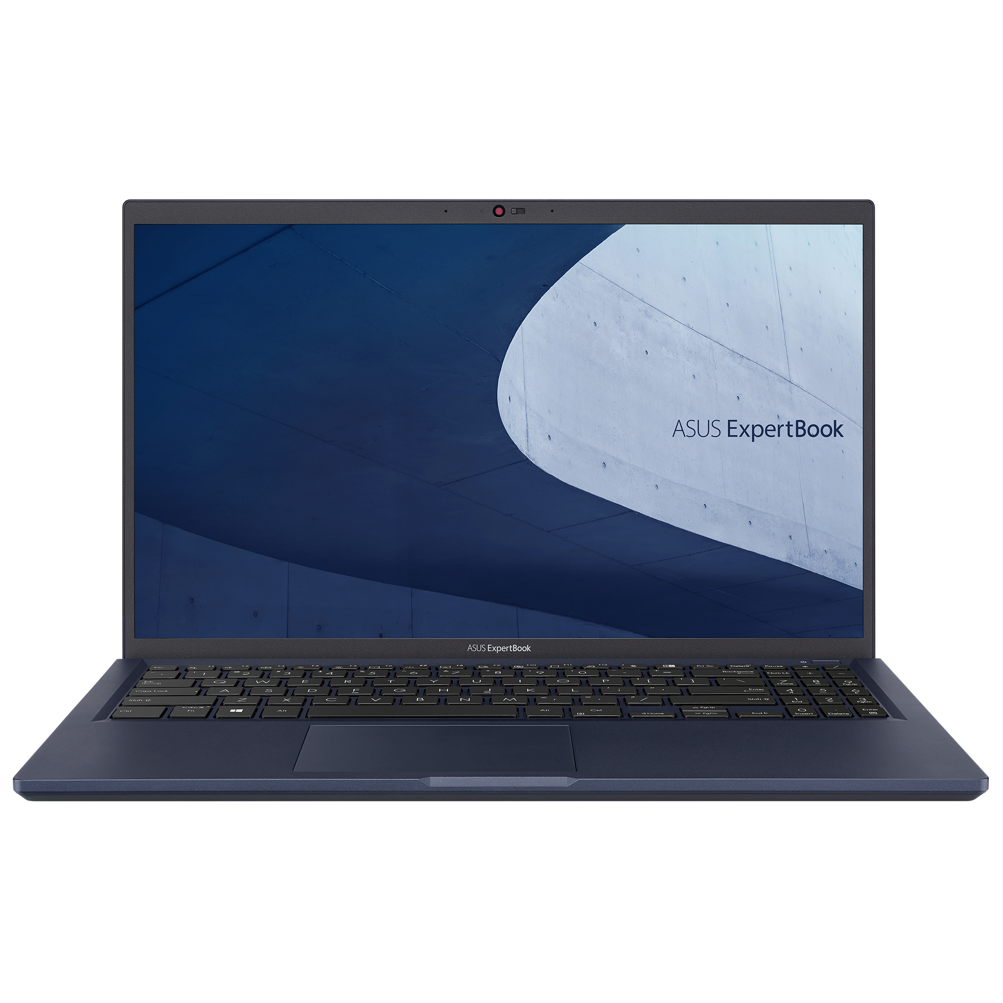 Laptop blu scuro con sfondo bianco. Lo schermo mostra il logo ASUS ExpertBook.