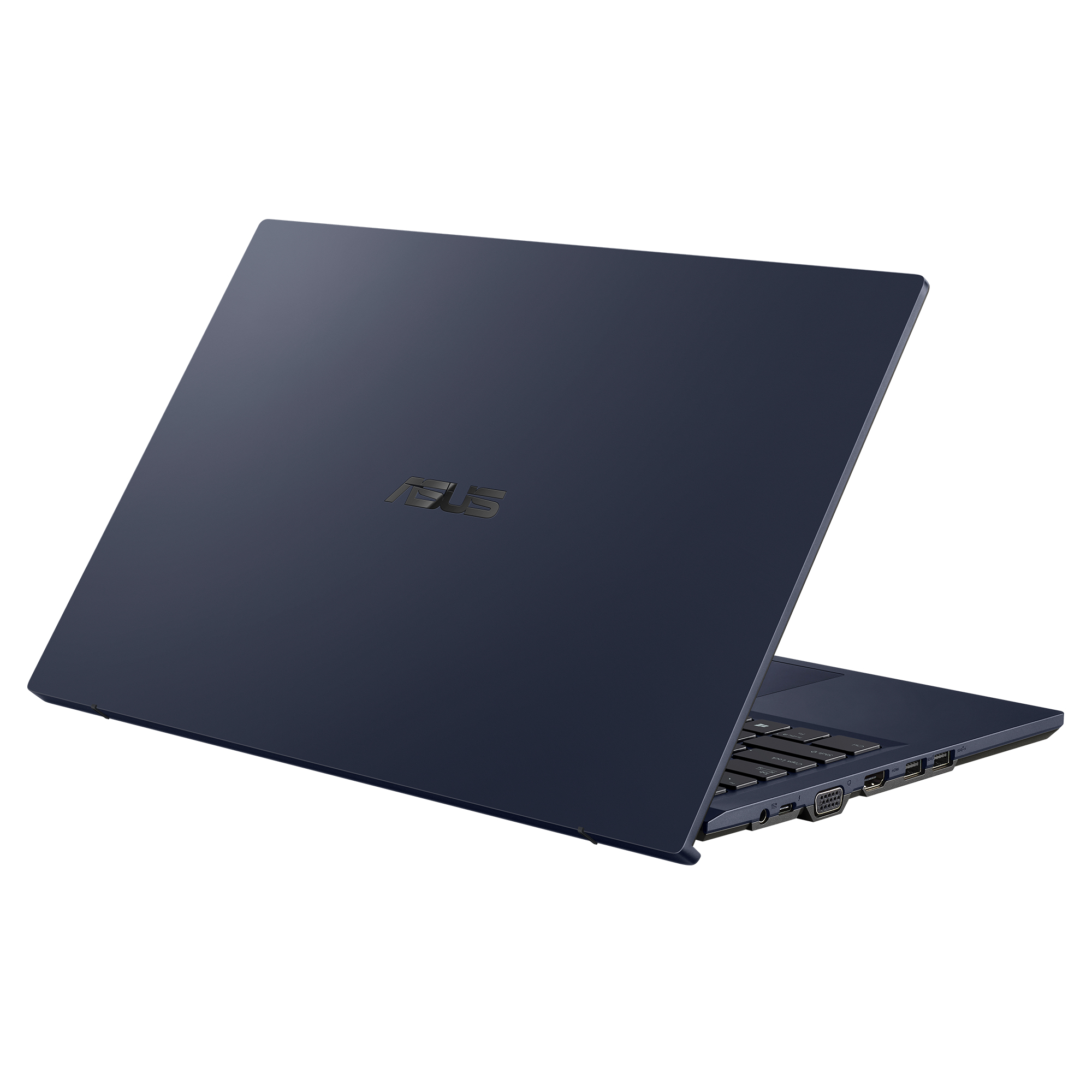 Un computer portatile blu scuro. La parte superiore è chiusa. Il logo ASUS è visibile.