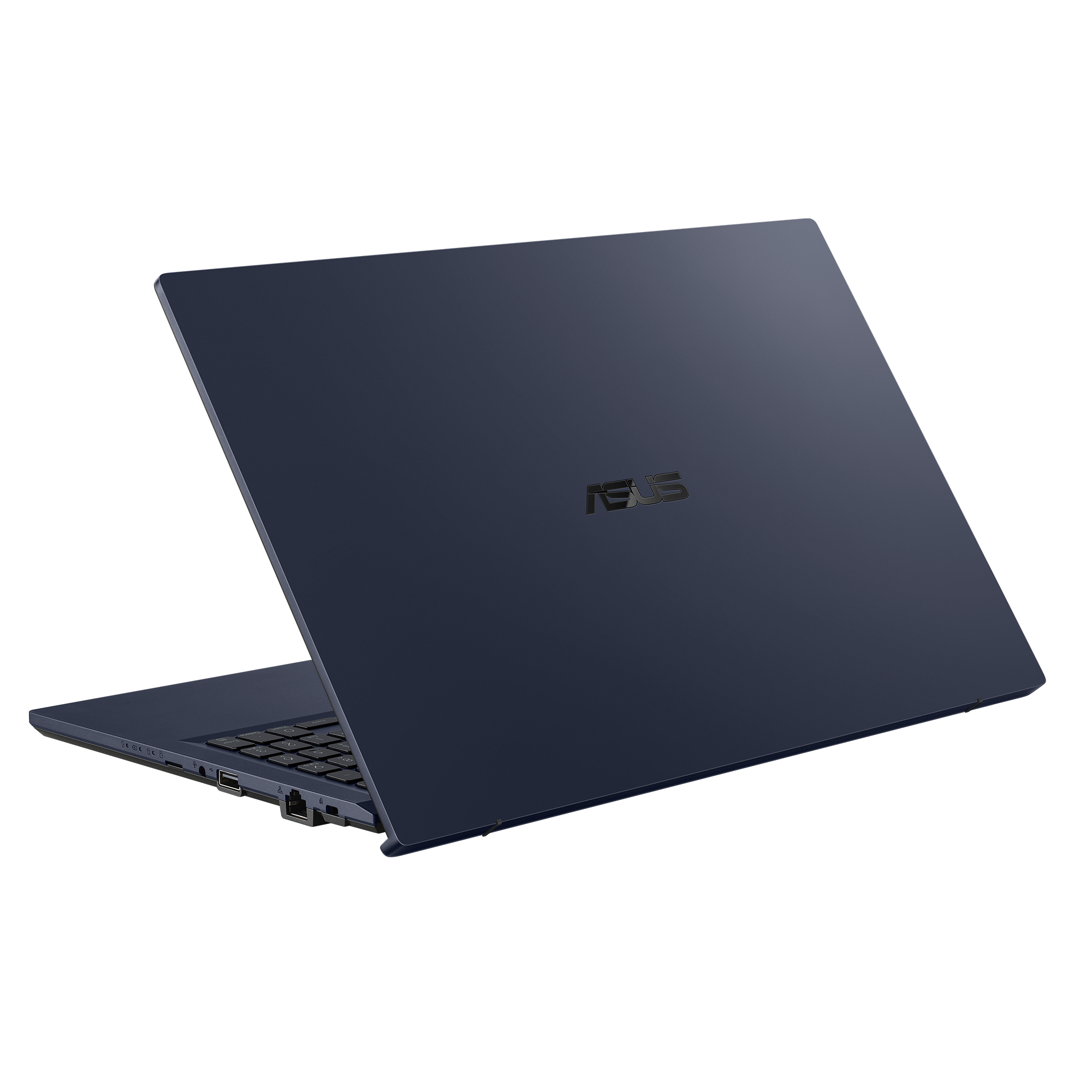 Retro di un laptop Asus blu scuro. Il logo Asus è visibile. Il laptop è leggermente angolato.