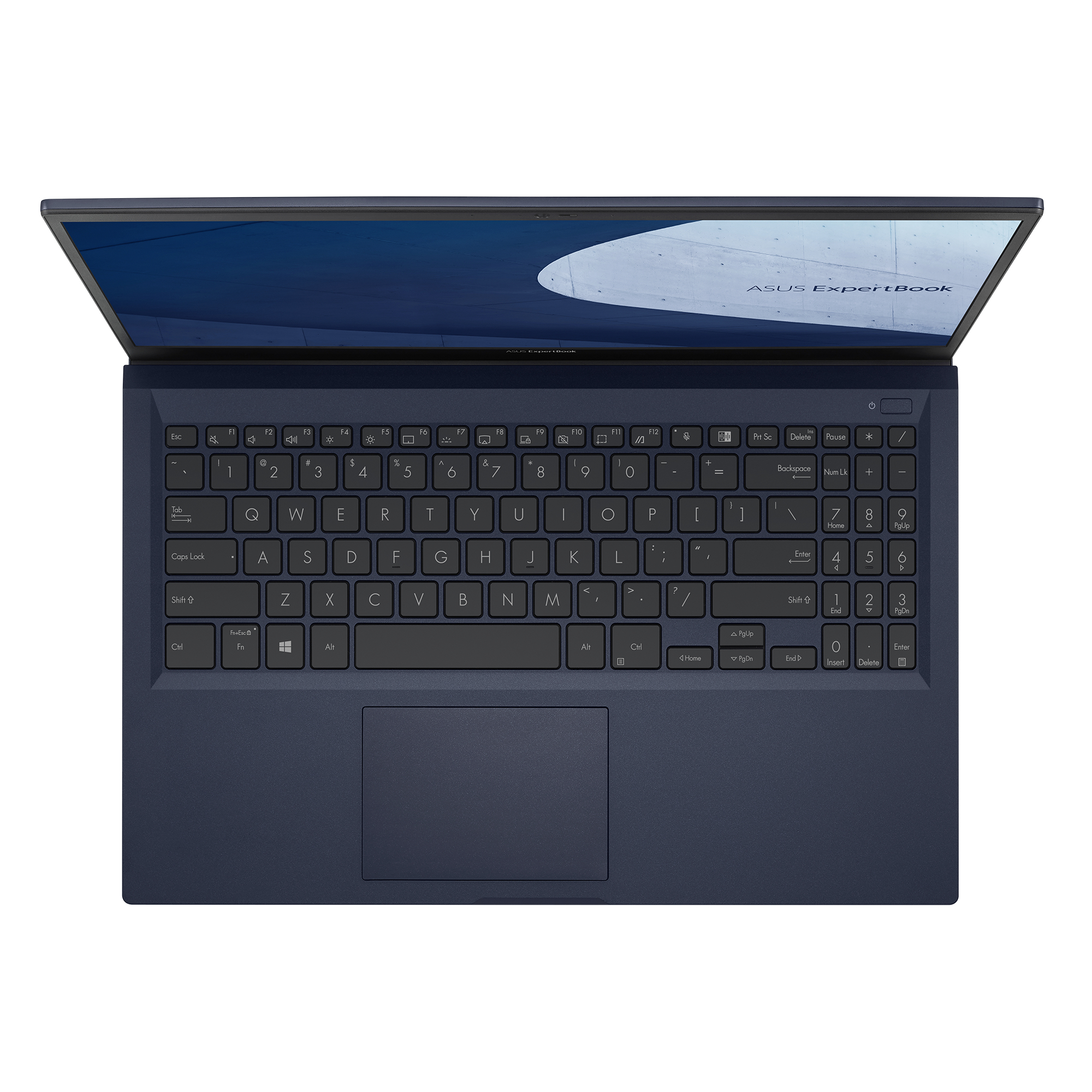 Un computer portatile ASUS ExpertBook blu navy aperto, visto dall'alto, che mostra la tastiera.