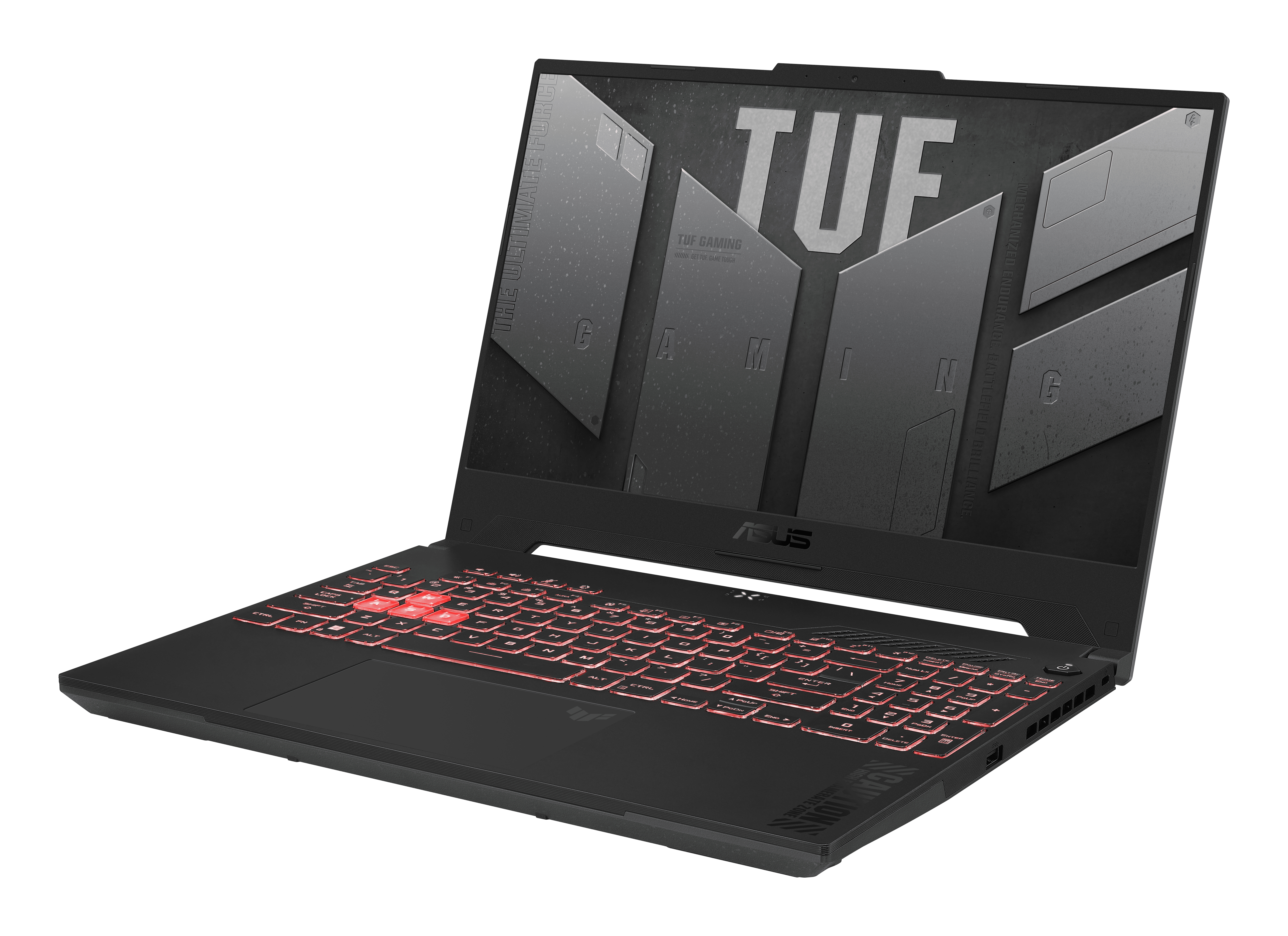 Czarny laptop gamingowy Asus TUF, otwarty, z podświetlaną klawiaturą. Białe tło.
