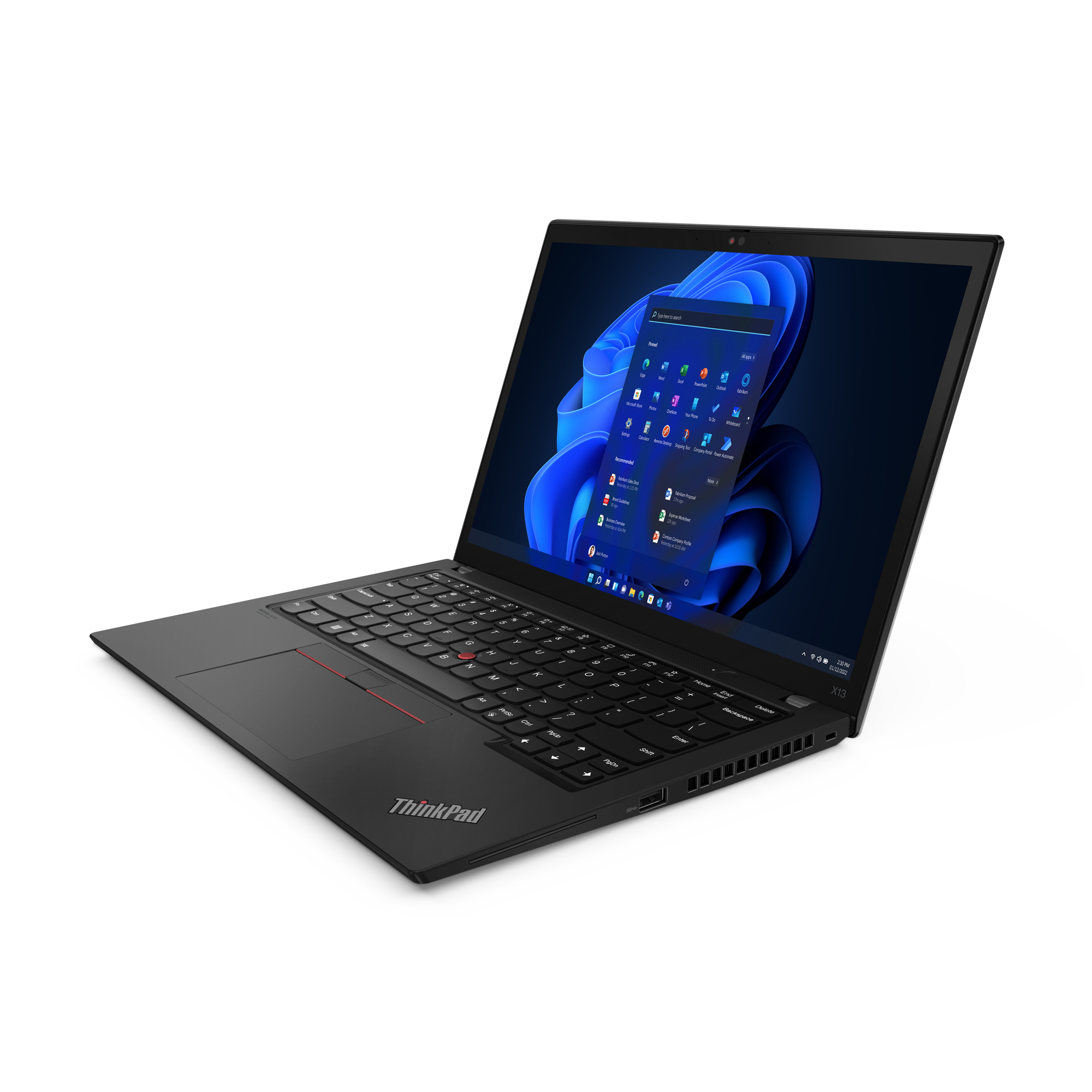 Beyaz bir yüzeyde açık siyah ThinkPad dizüstü bilgisayar. Ekran bir Windows arayüzü gösteriyor.