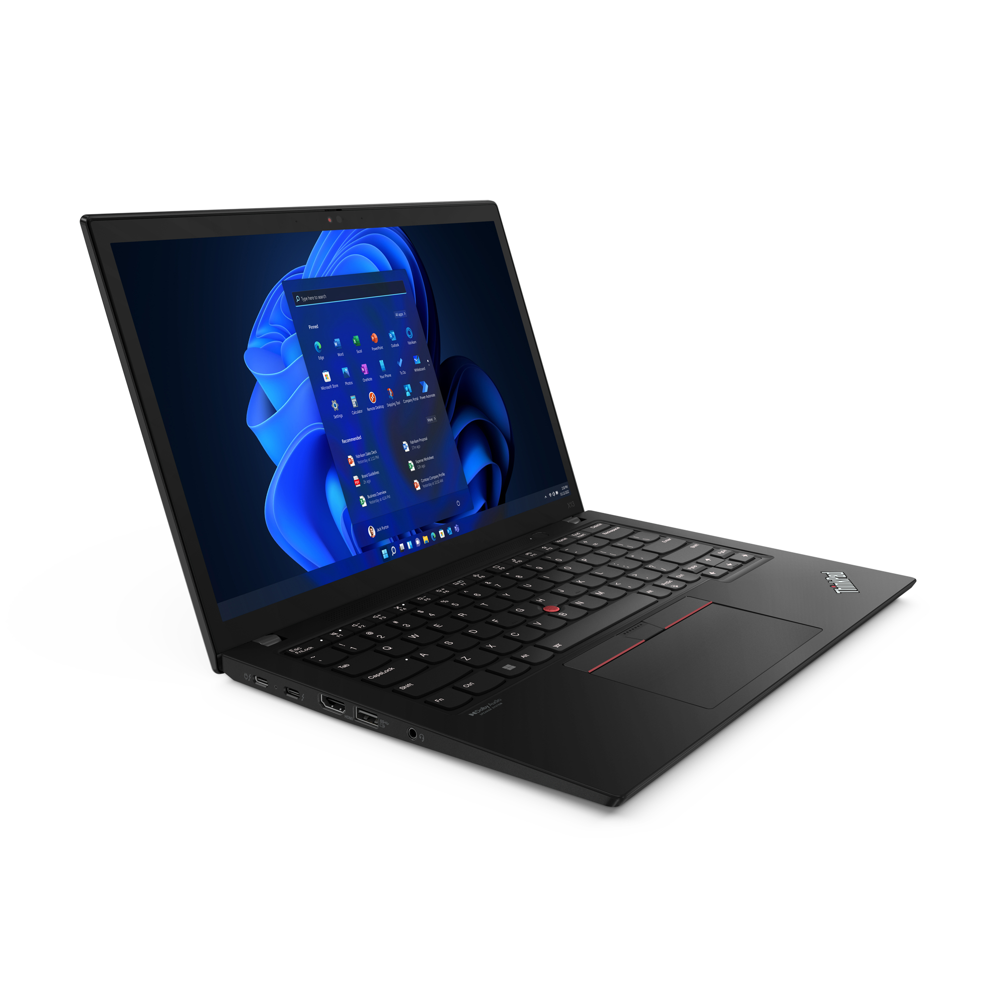 Beyaz bir arka plan üzerinde açık siyah bir Lenovo dizüstü bilgisayar. Bir Windows masaüstü ekranı gösterir.