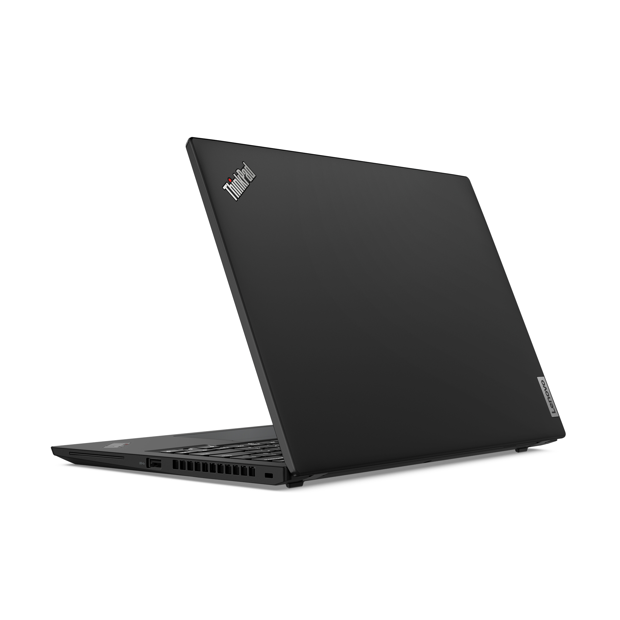 Schwarzer Lenovo-Laptop, Rückseite zur Kamera. Der Deckel ist leicht geöffnet.