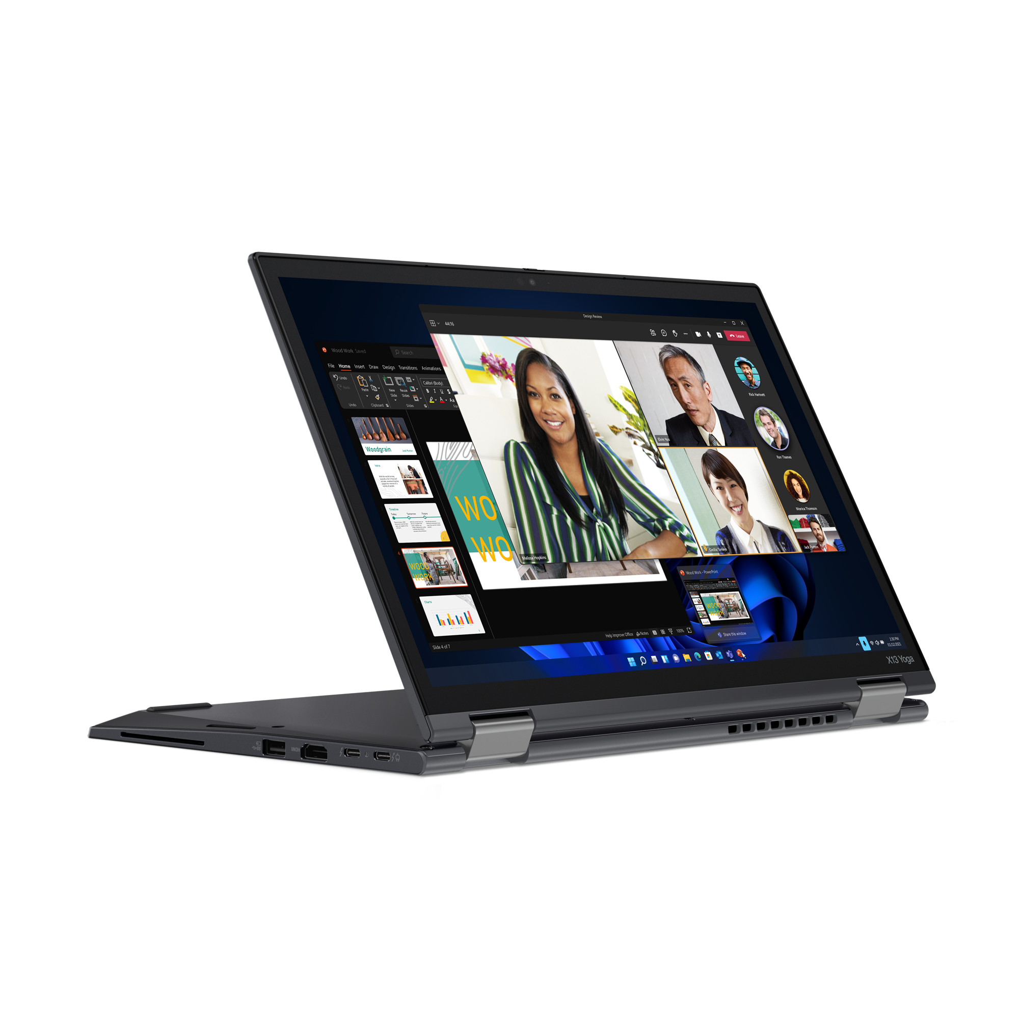 Black laptop, open, angled view, video call visible. White background.