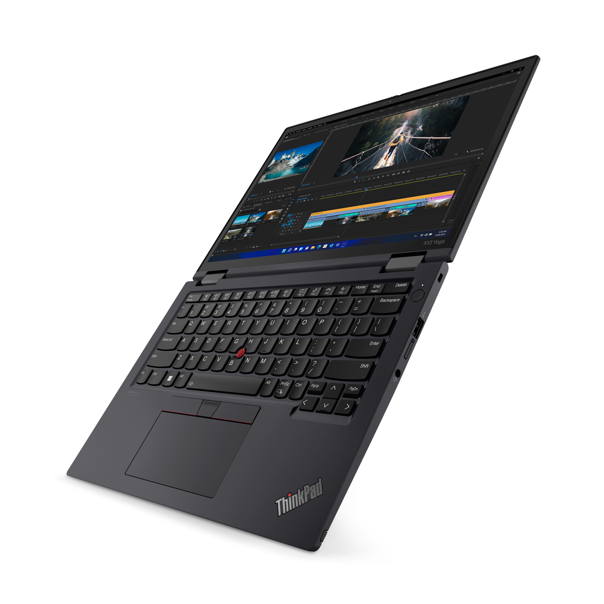 A black ThinkPad laptop, open, displaying a video editing interface on the screen. White background.