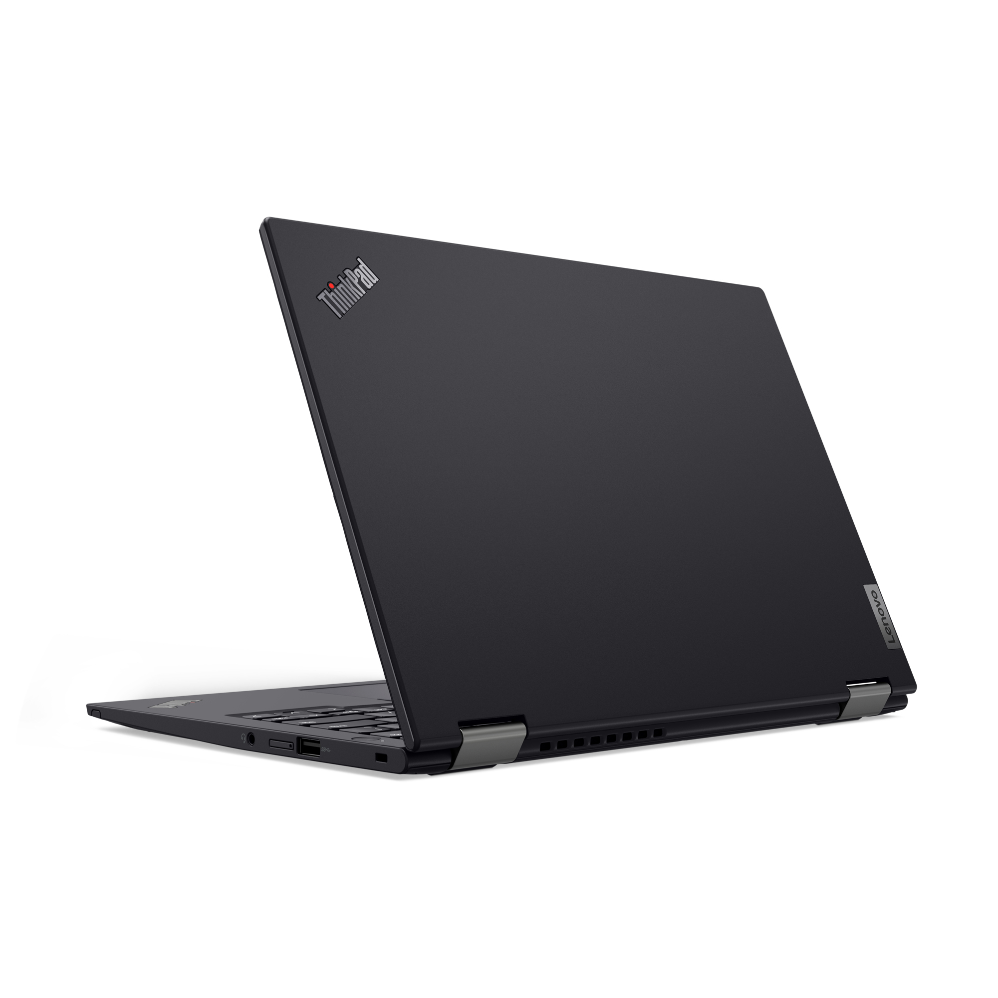 Black ThinkPad laptop in a slightly open position, angled back, on a white background.
