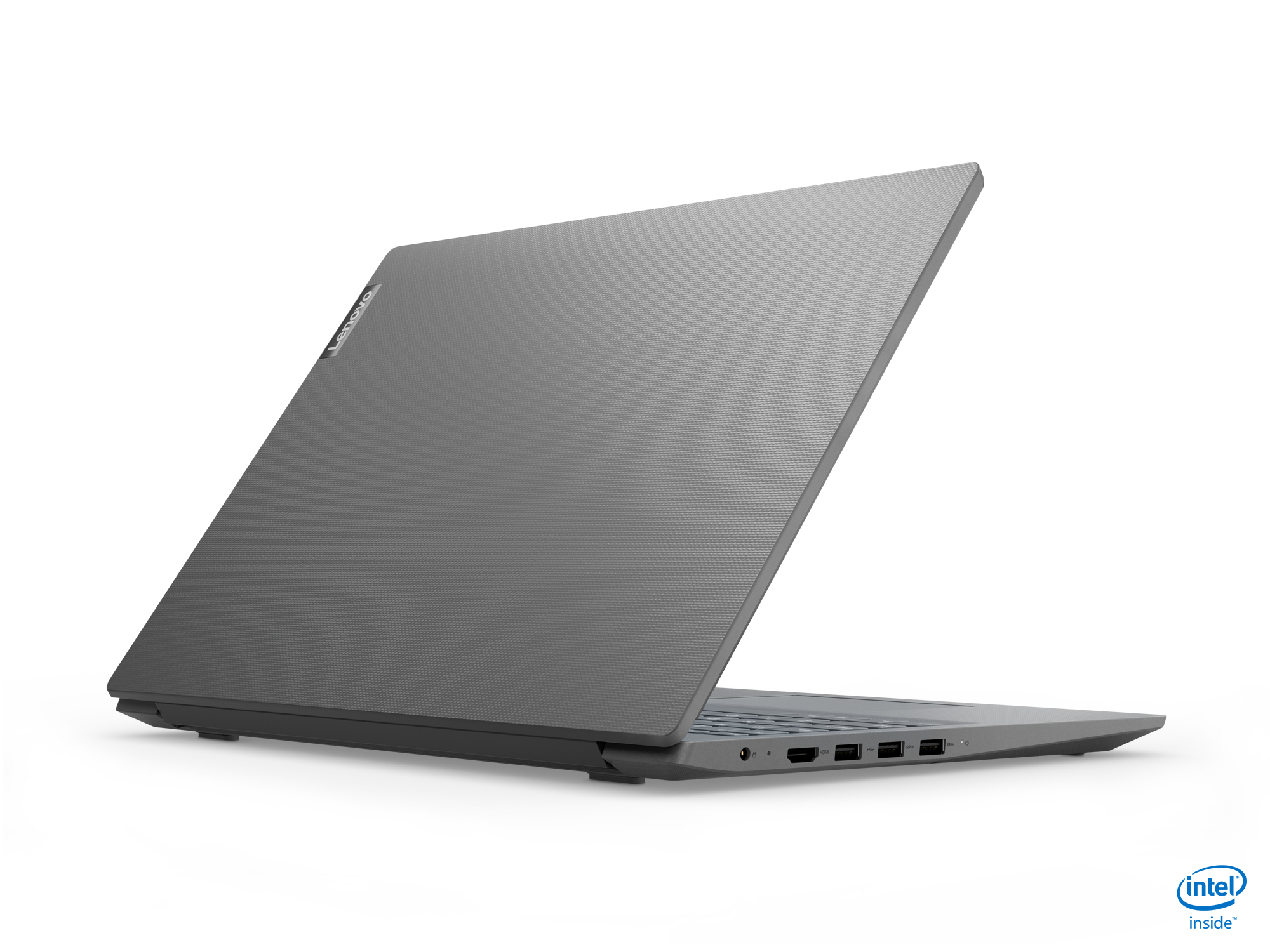 Un laptop grigio, aperto, che mostra il retro, con il logo Intel Inside.