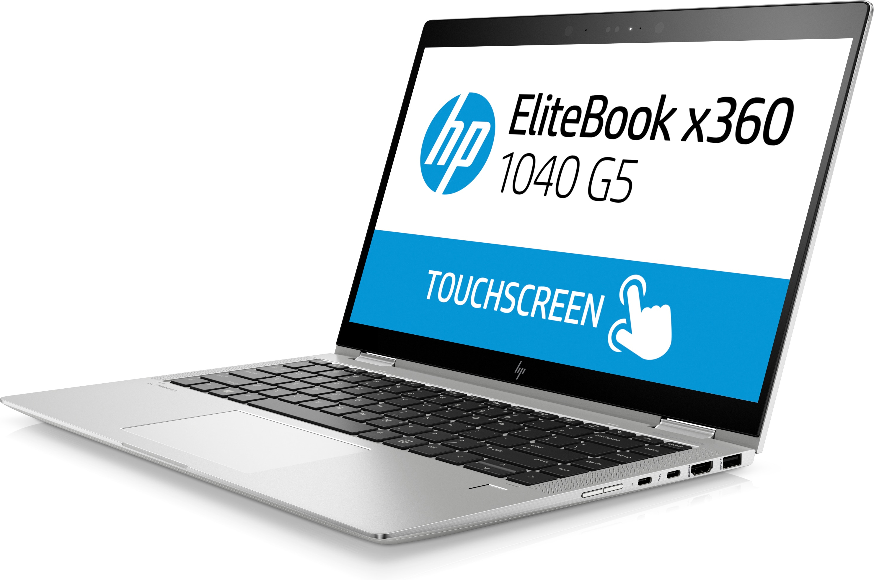 Laptop argentato con touchscreen, testo sullo schermo, sfondo bianco.
