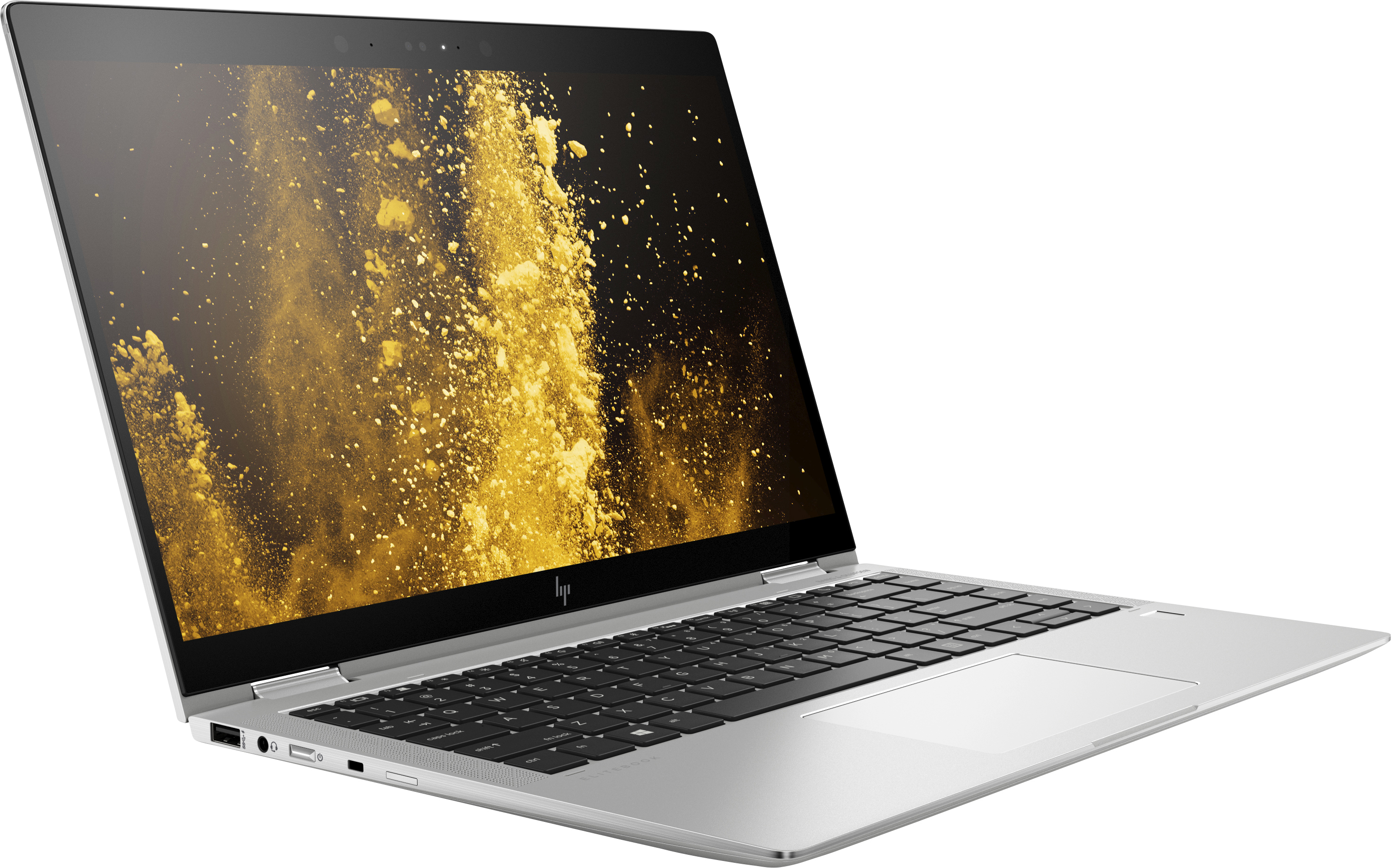 Laptop argentato, aperto, vista angolata. Display mostra sfondo astratto oro e giallo. Tastiera nera.