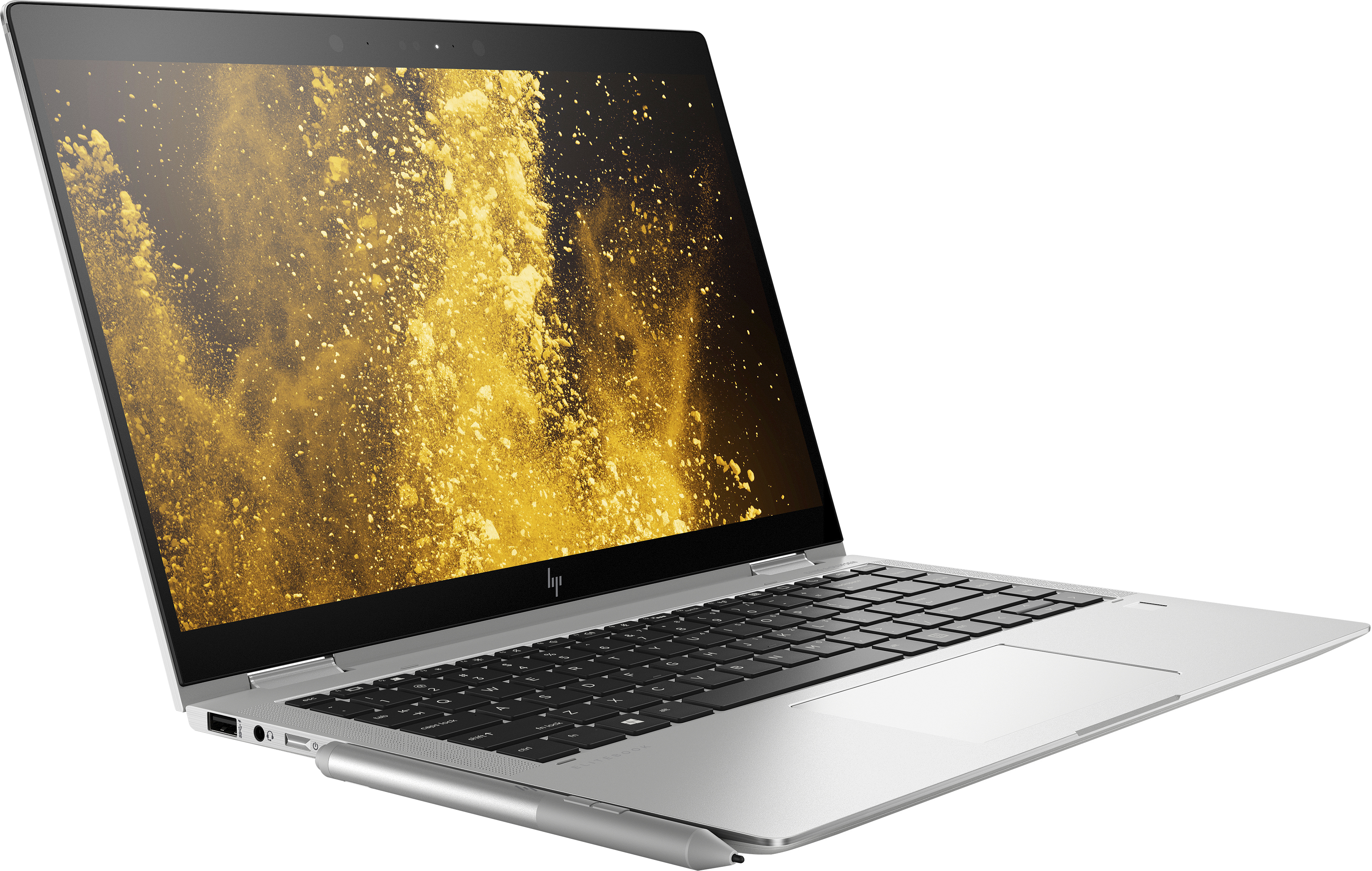 Laptop argentato con tastiera nera e schermo con esplosione di colore dorato.