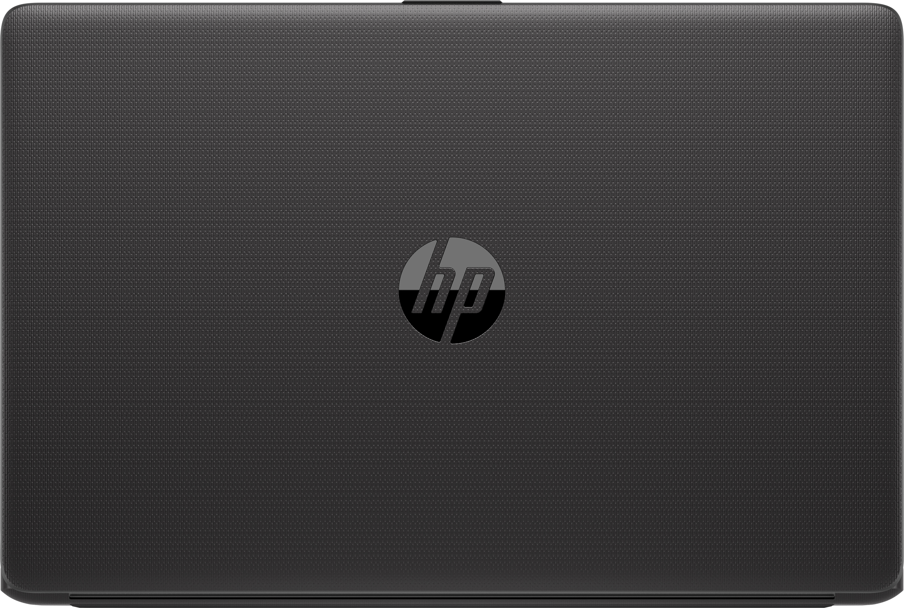 Coperchio laptop nero con logo HP centrato. Superficie strutturata.