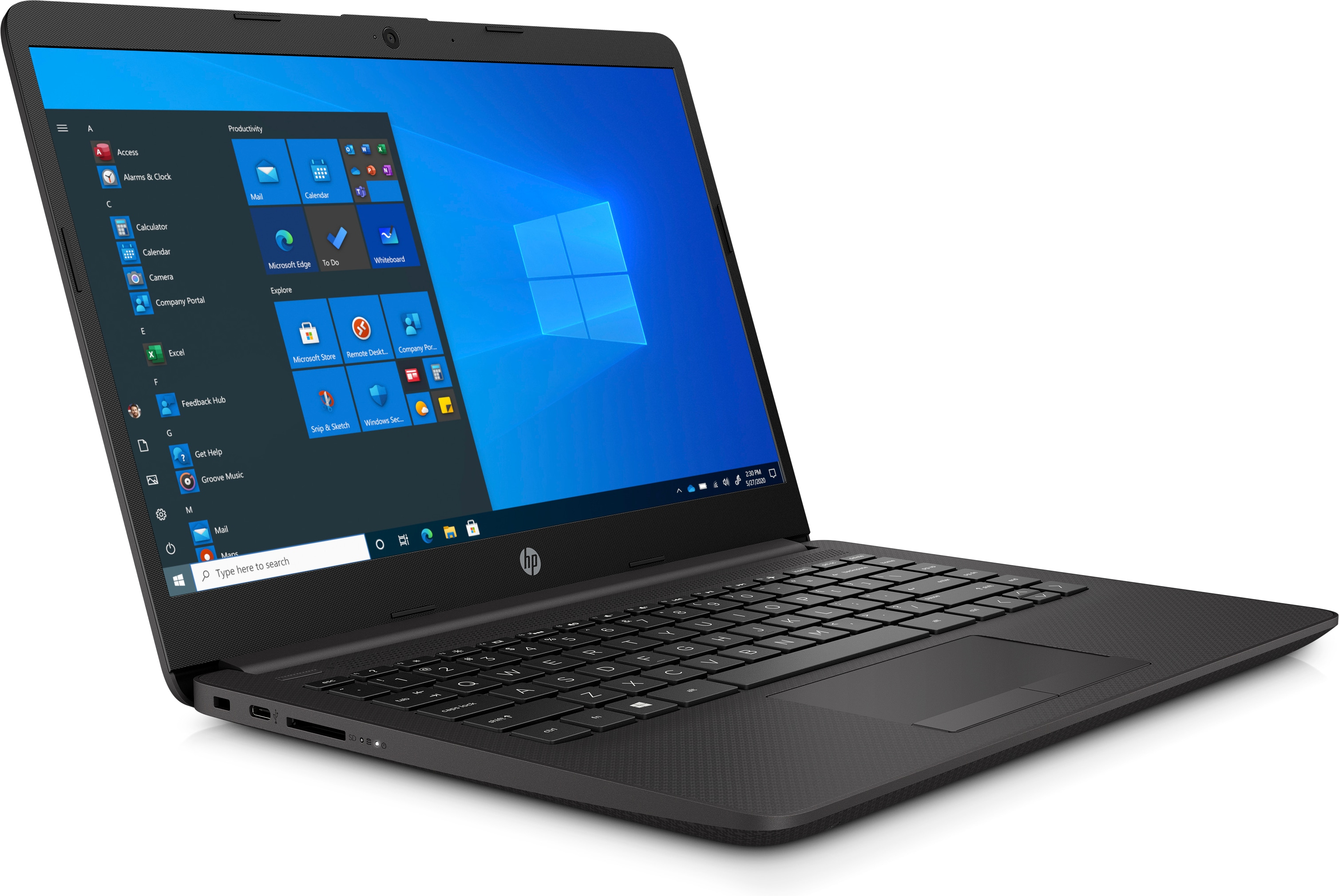 Laptop nero con desktop Windows sullo schermo. Tastiera visibile. Vista angolata.
