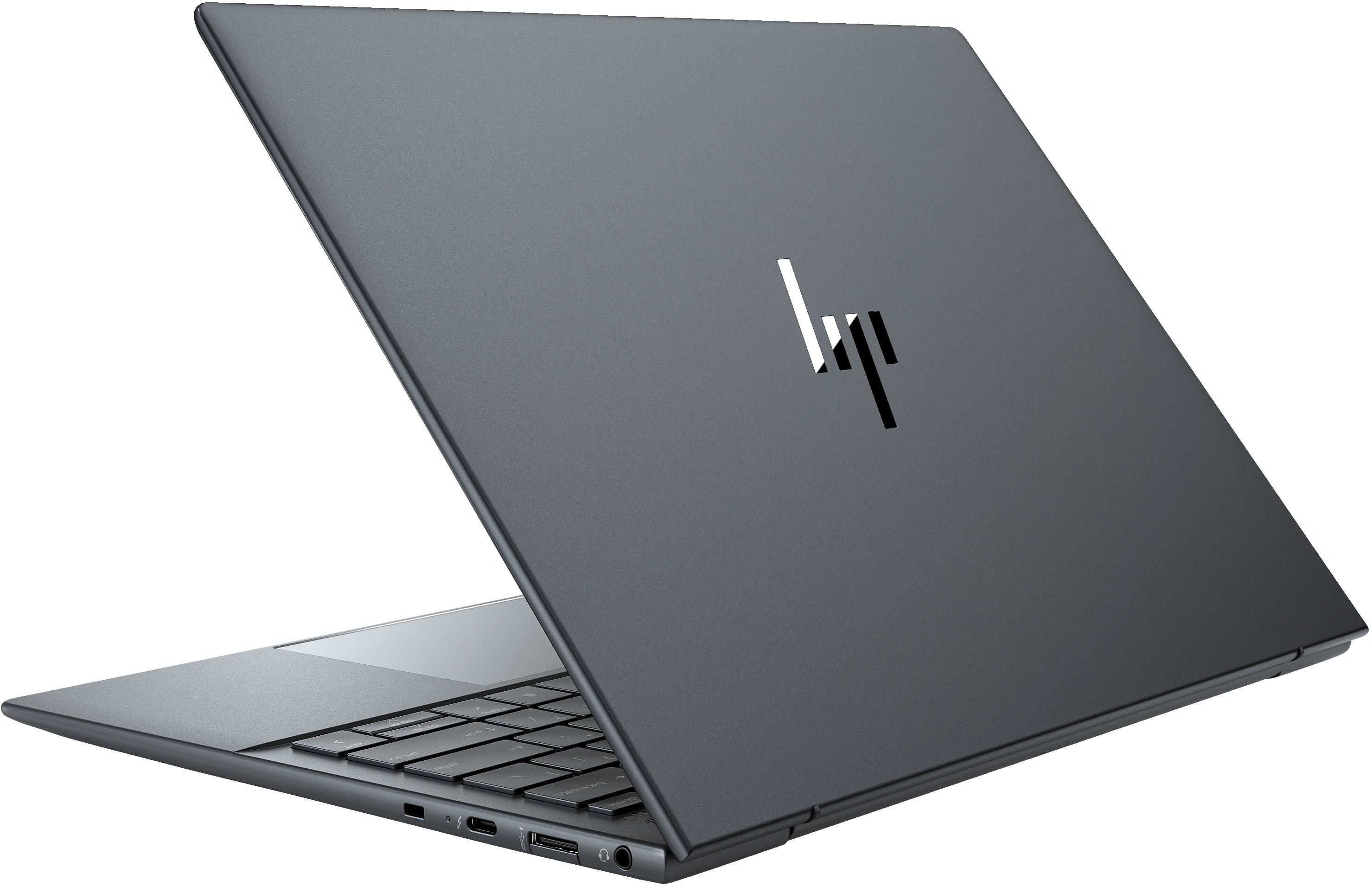 Donkergrijze laptop, open, achteraanzicht, met een logo bovenaan.