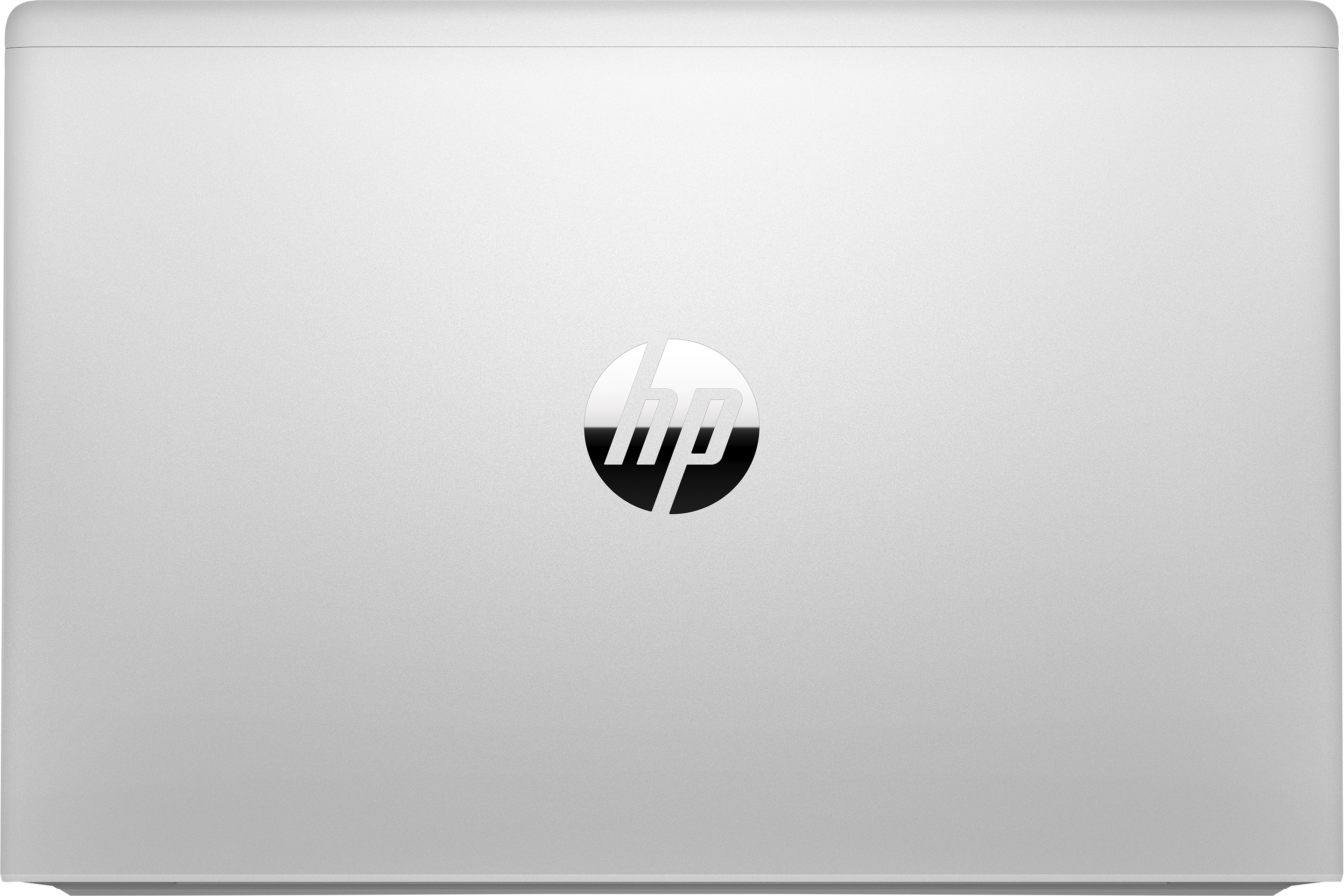 Zilveren laptopdeksel met HP-logo in het midden. Deksel is gesloten, toont een glad oppervlak.
