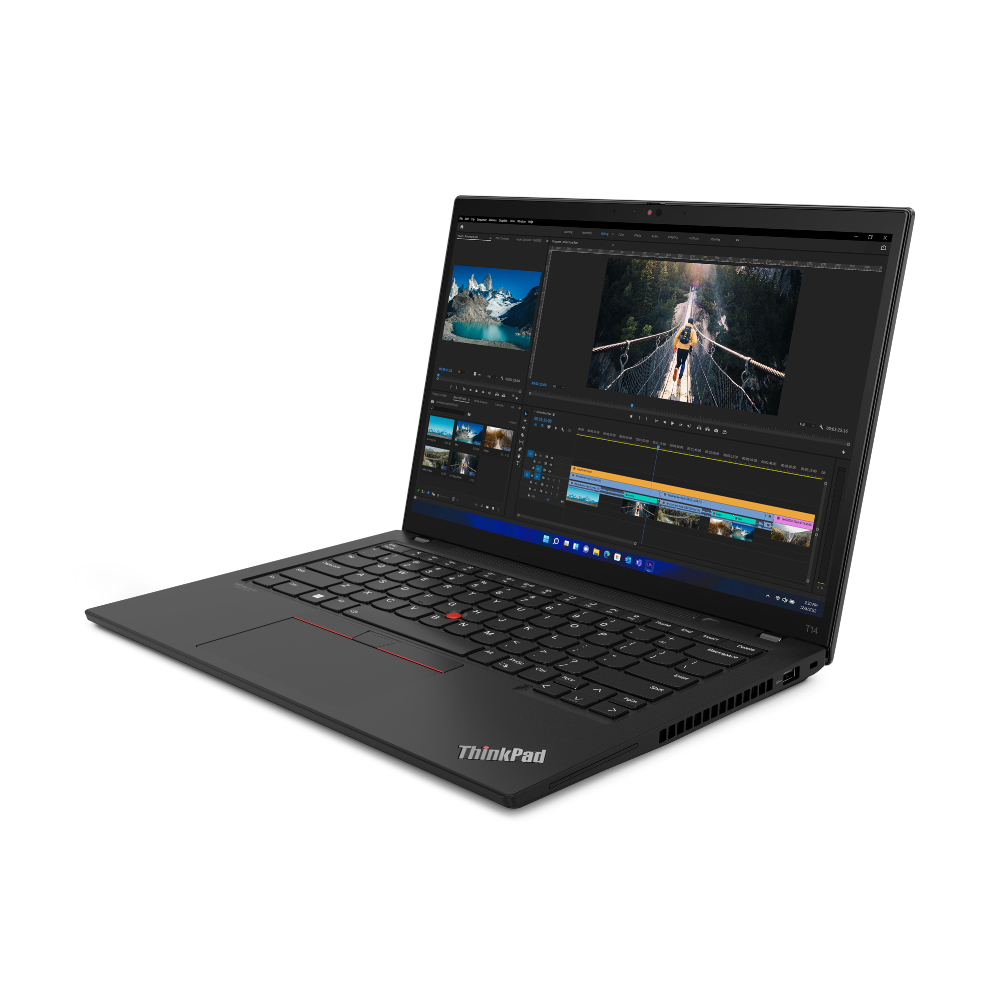 Black ThinkPad laptop open. Screen displays video editing software. Red trackpoint, black keyboard.