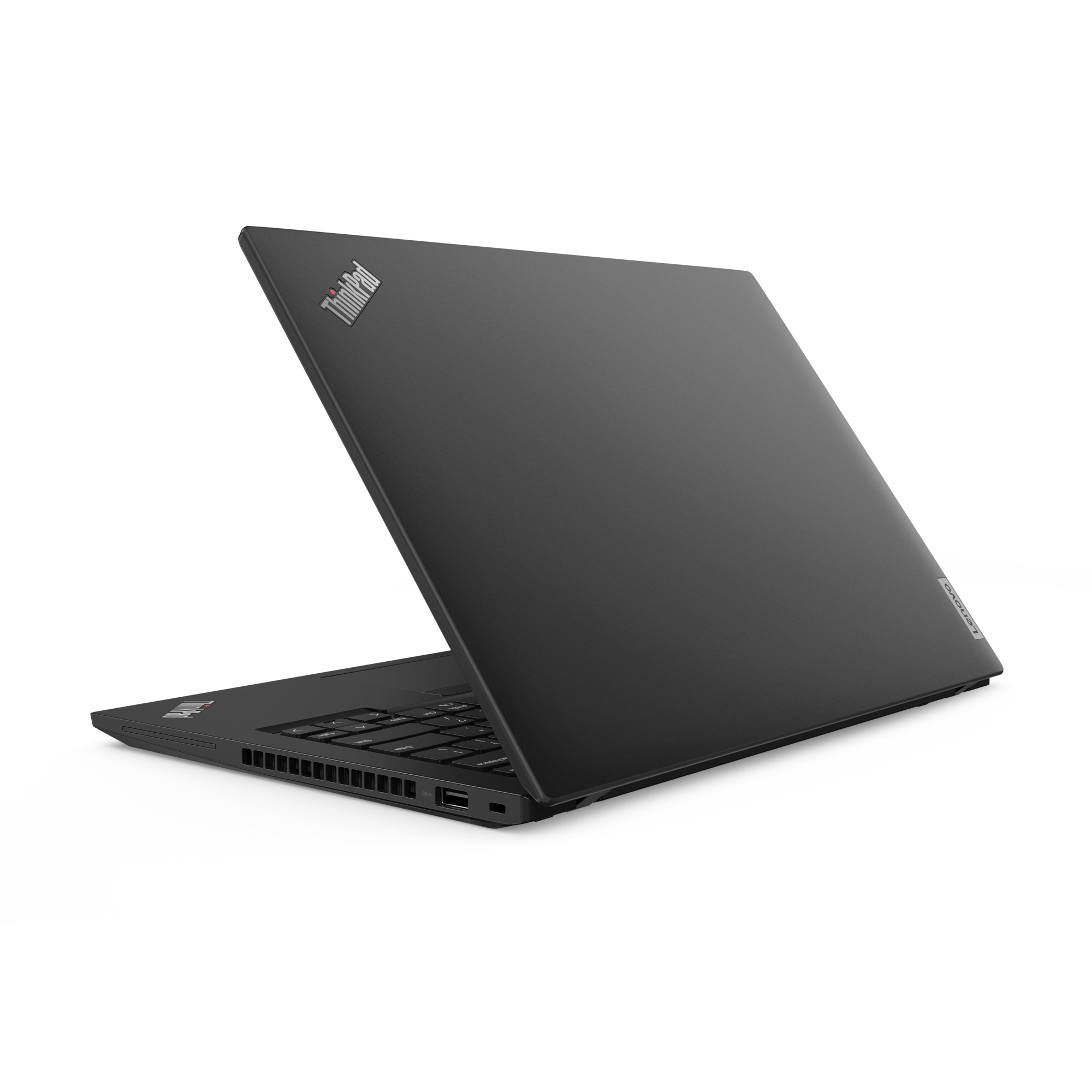 Black Lenovo ThinkPad laptop, closed, angled view. White background.