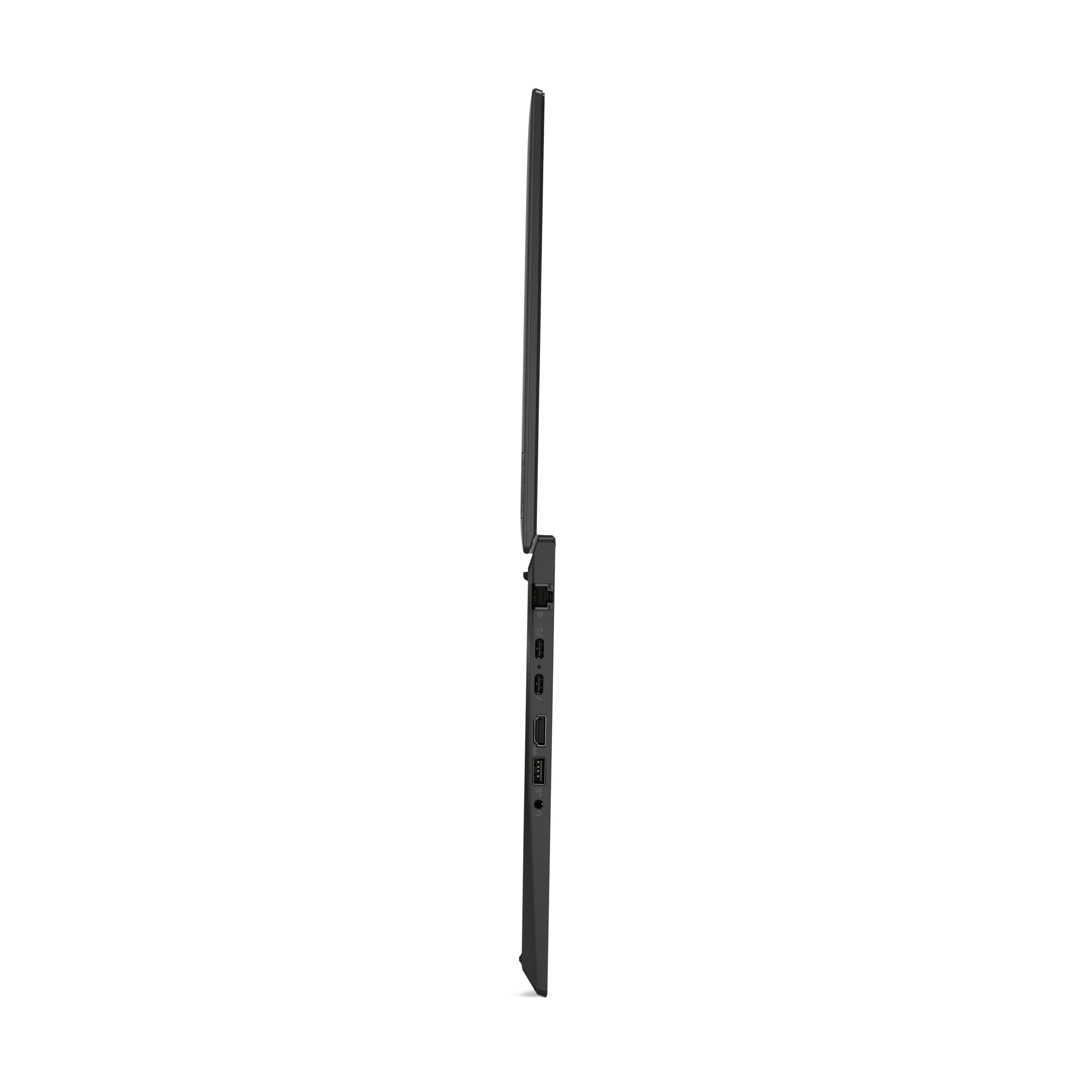 Side view of a closed, slim black laptop on a white background. Ports are visible on the side.