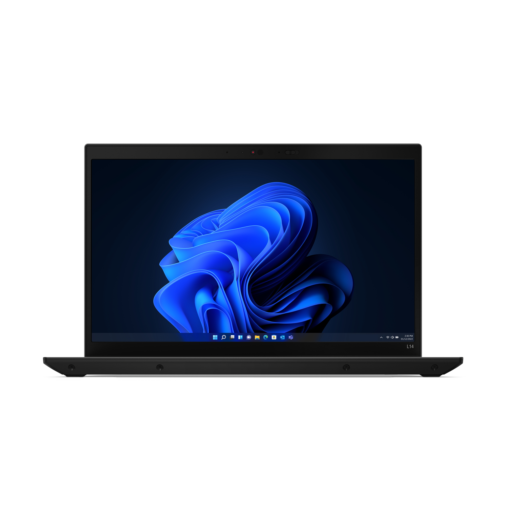A black laptop on a white background, closed, displaying a blue abstract Windows wallpaper.