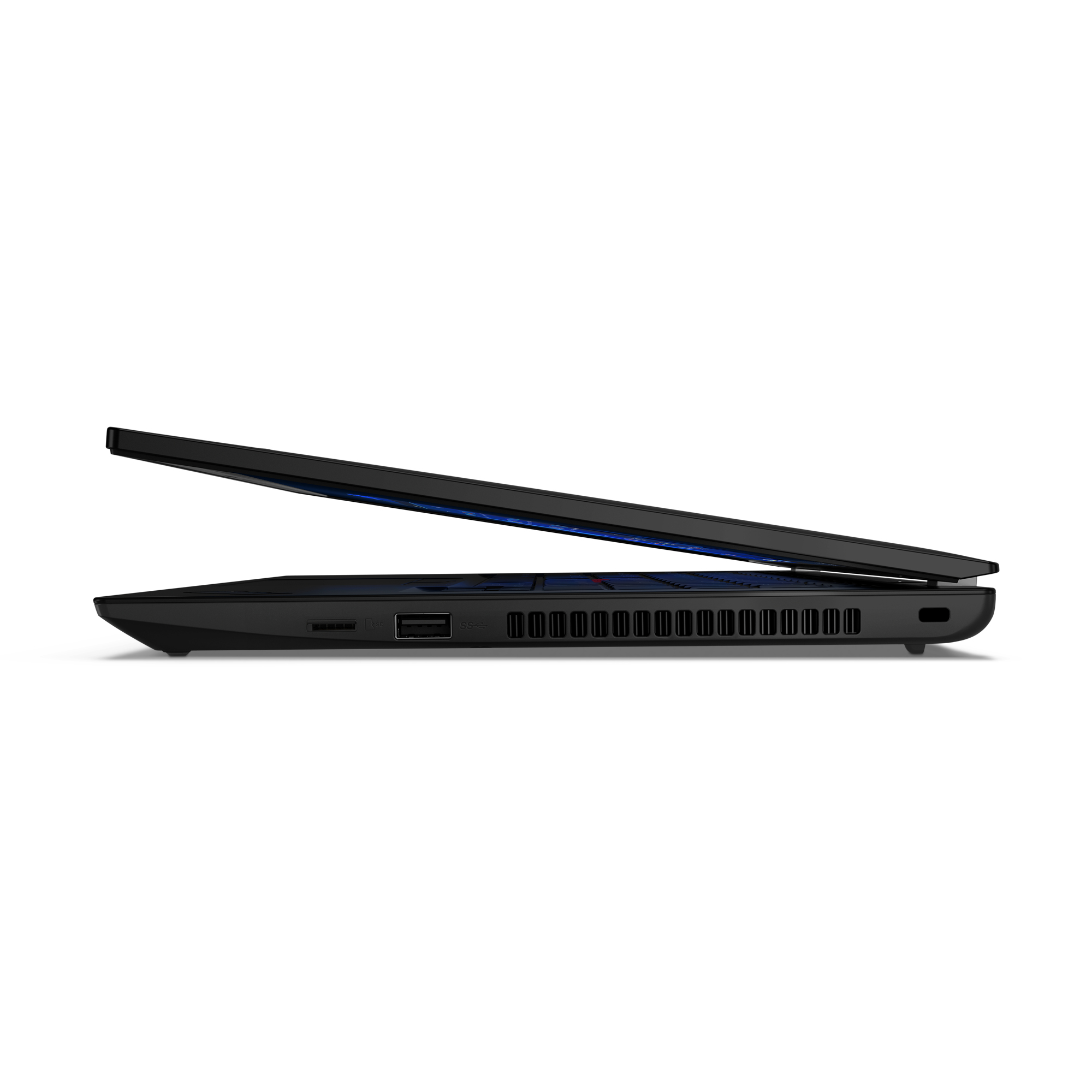 Black laptop, side view, slightly open. Shows the side ports.