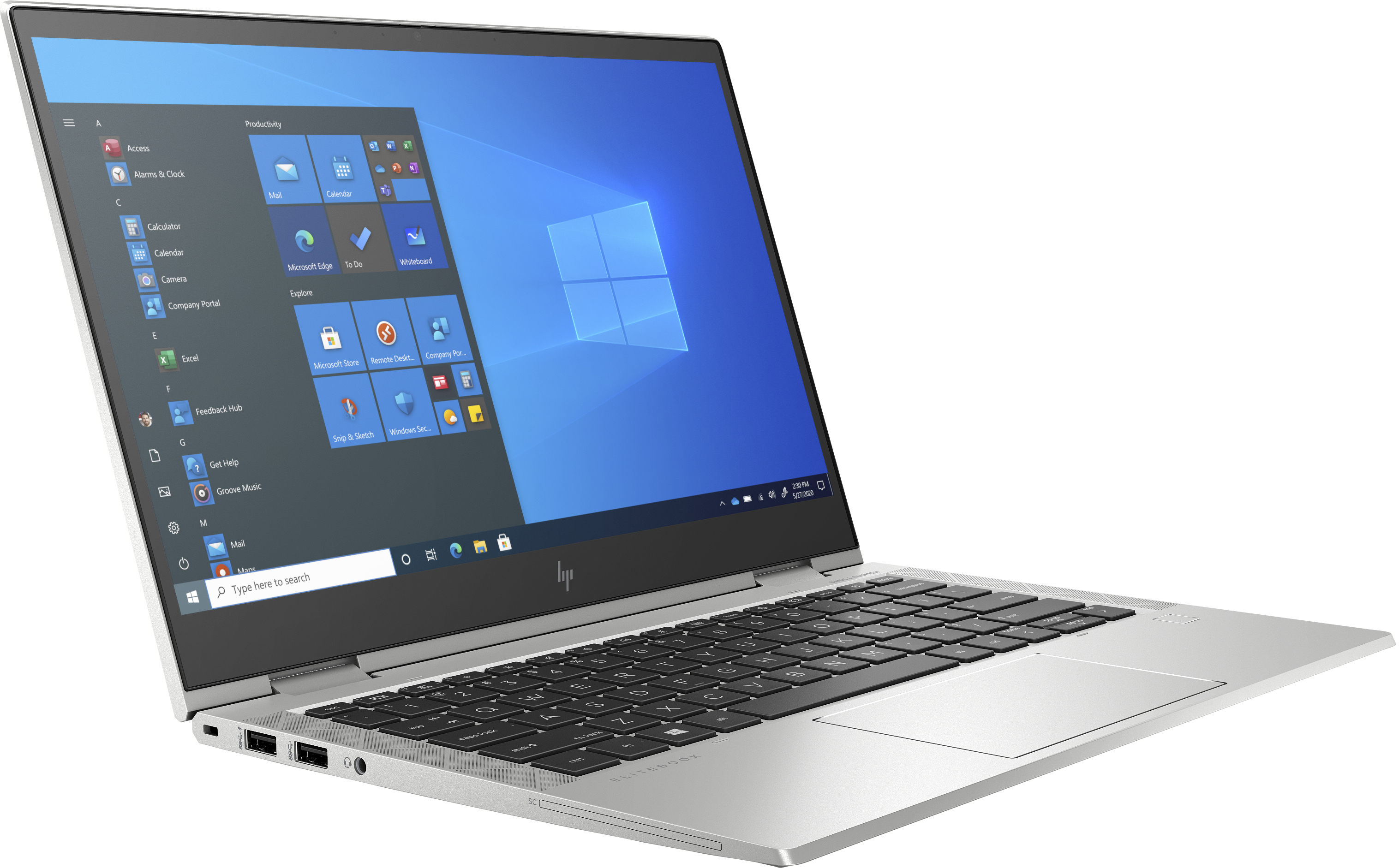 Silver HP laptop, open, showing Windows desktop. White background.