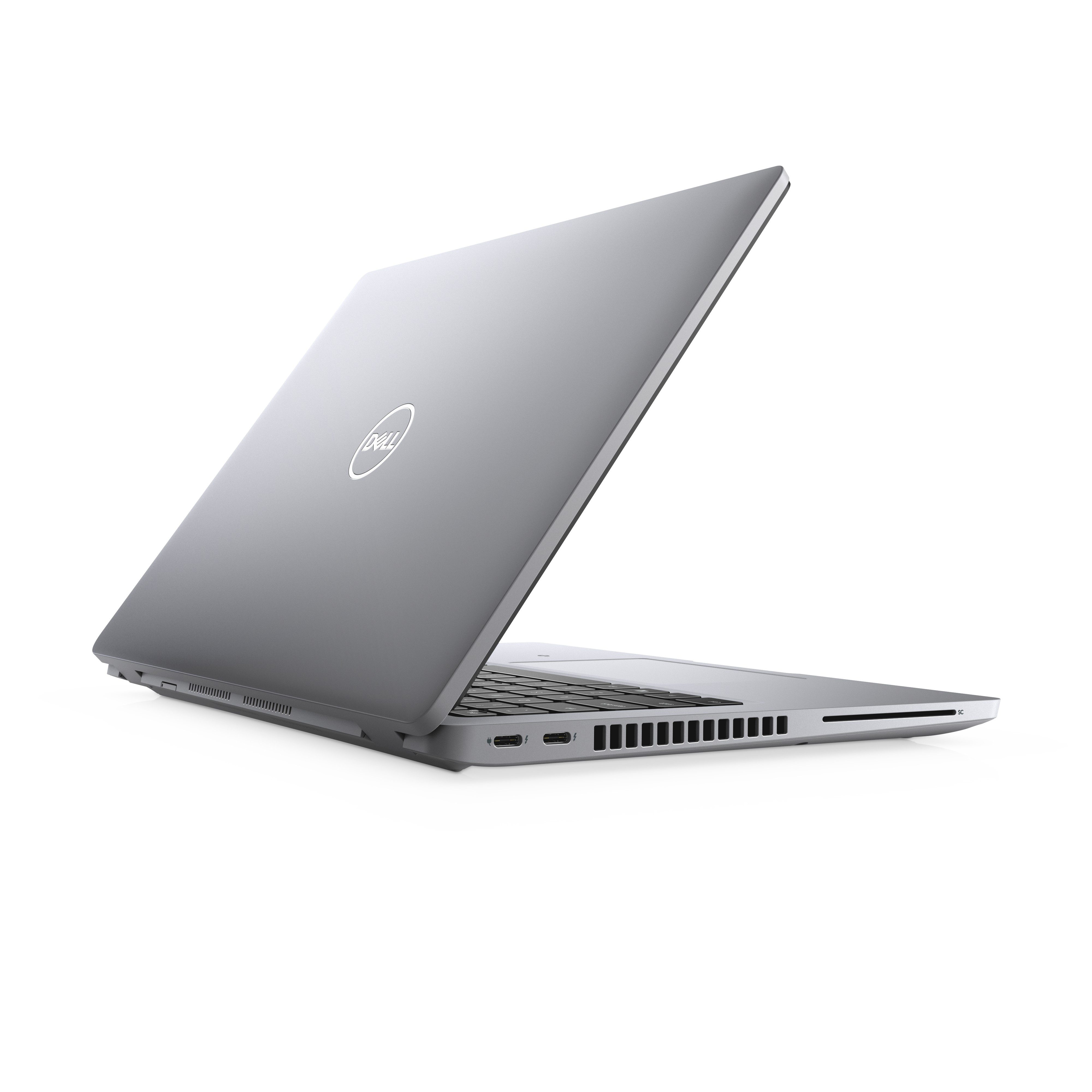 Silberner Laptop, schräge Ansicht, offen. Zeigt das Dell-Logo und das Seitenprofil.