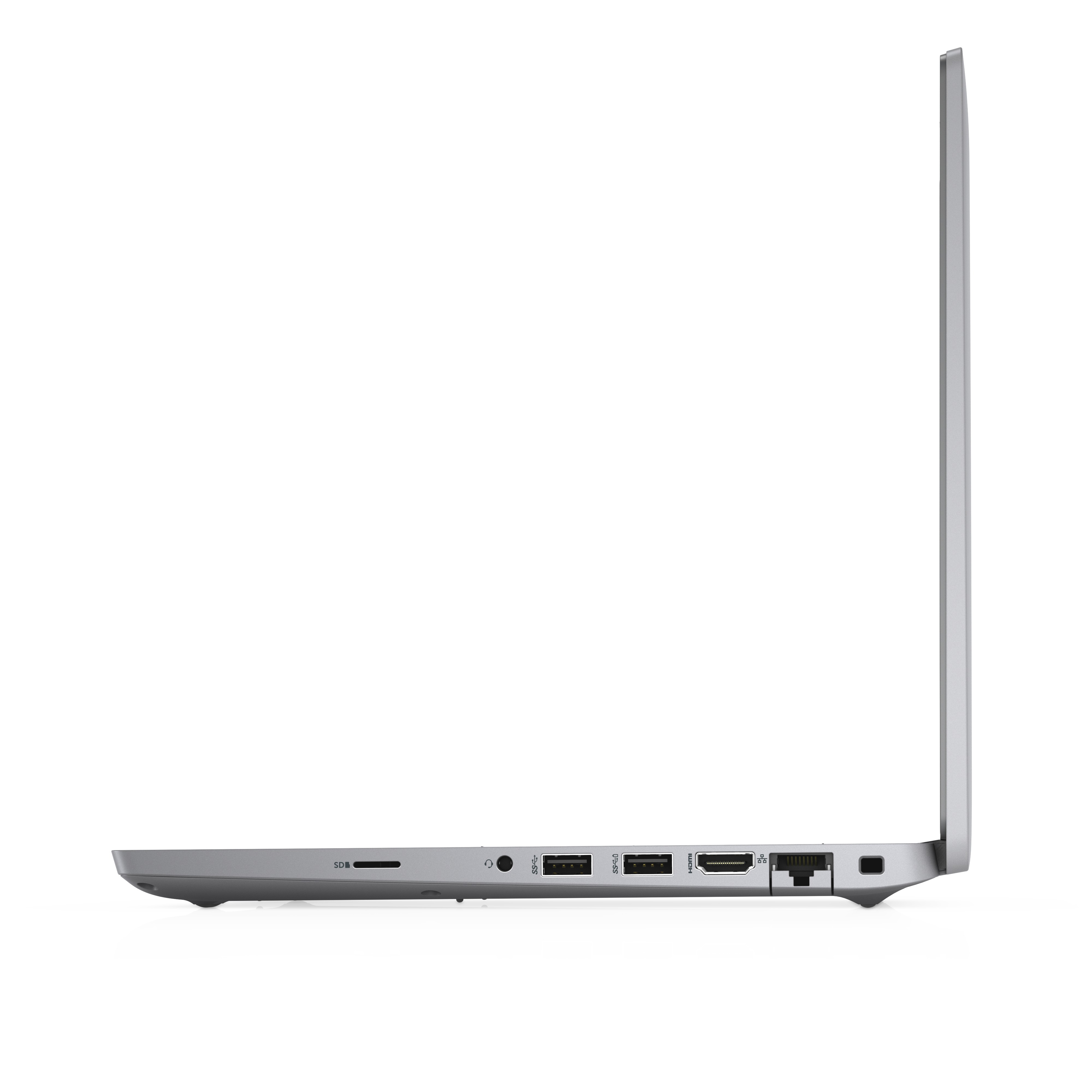 Silver laptop, side view, open. Shows ports and connections.