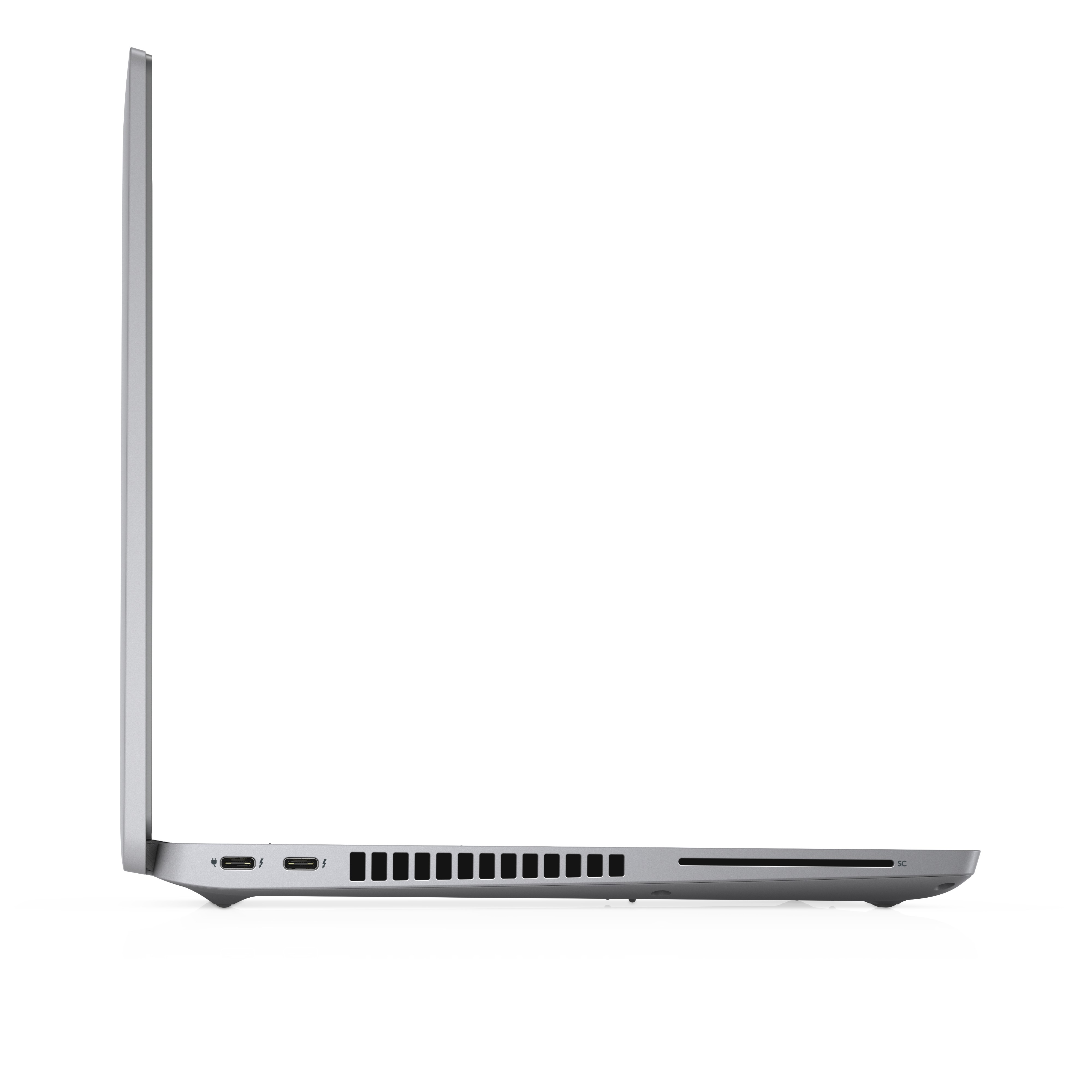Silver laptop side profile, ports visible. White background.