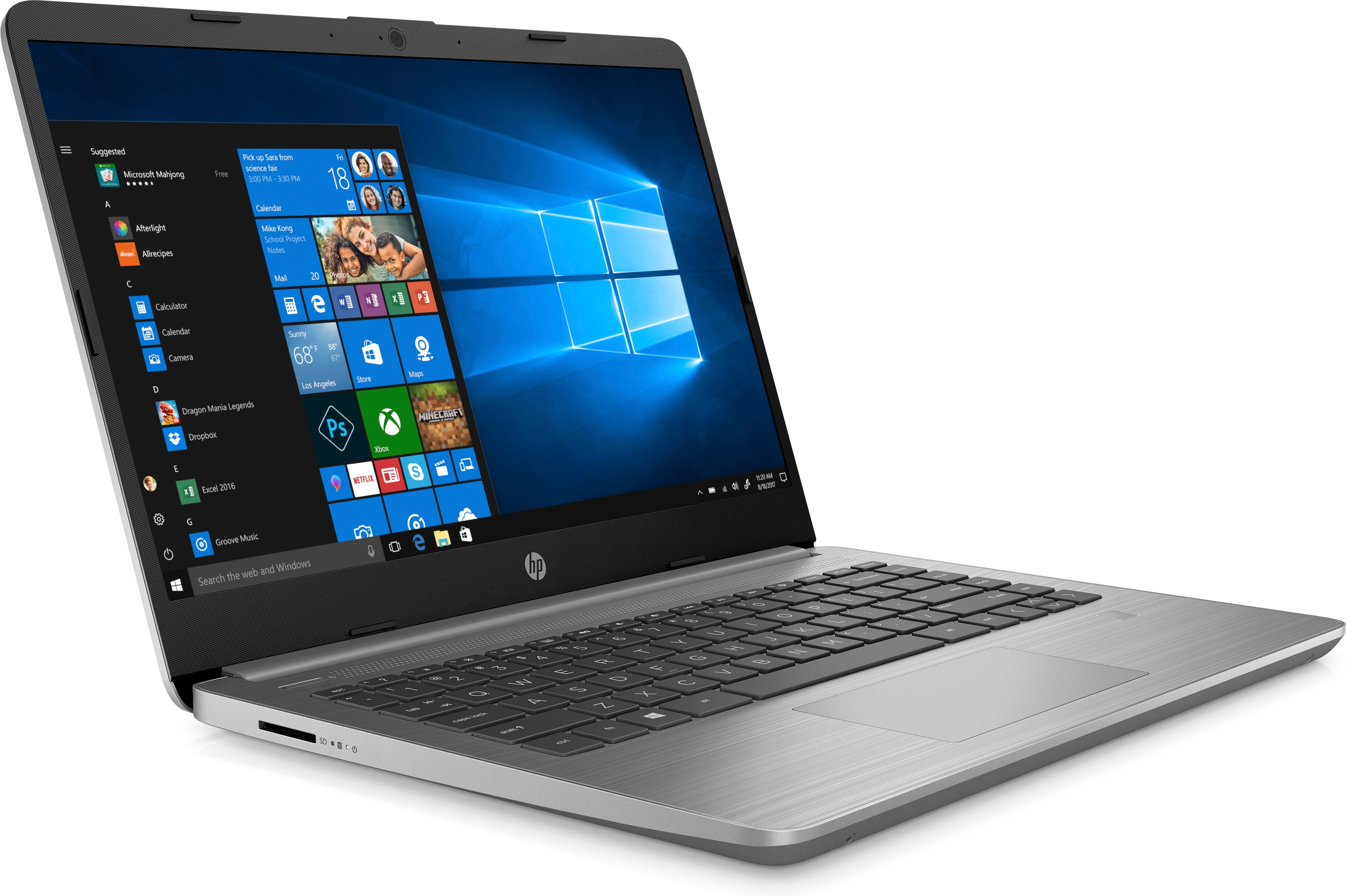 Laptop che mostra il desktop di Windows. Interfaccia Windows, calendario visibile. Corpo grigio, sfondo bianco.